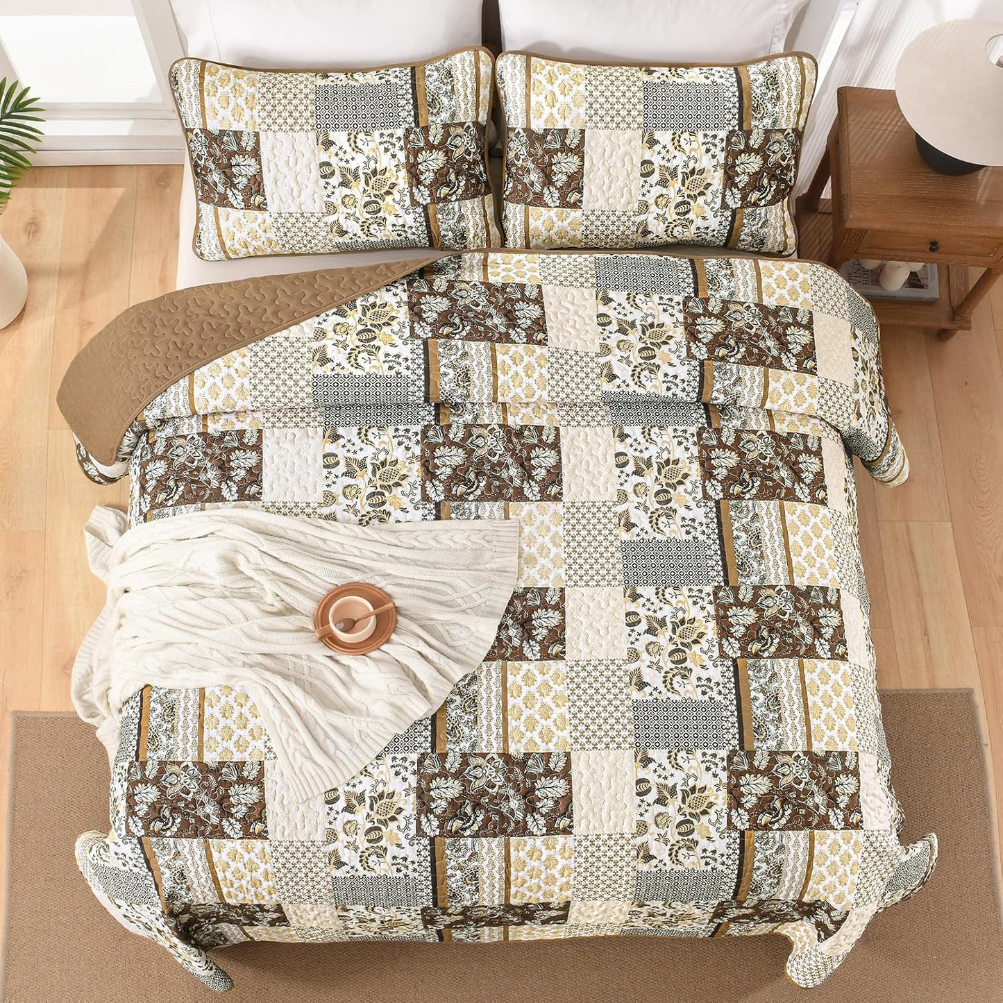 WONGS BEDDING Quilt Set Queen Size Brown, 3 Pieces Patchwork Plaid Bedspread Coverlet Set, Floral Soft Microfiber Bedding Set for All Season(96"×90")