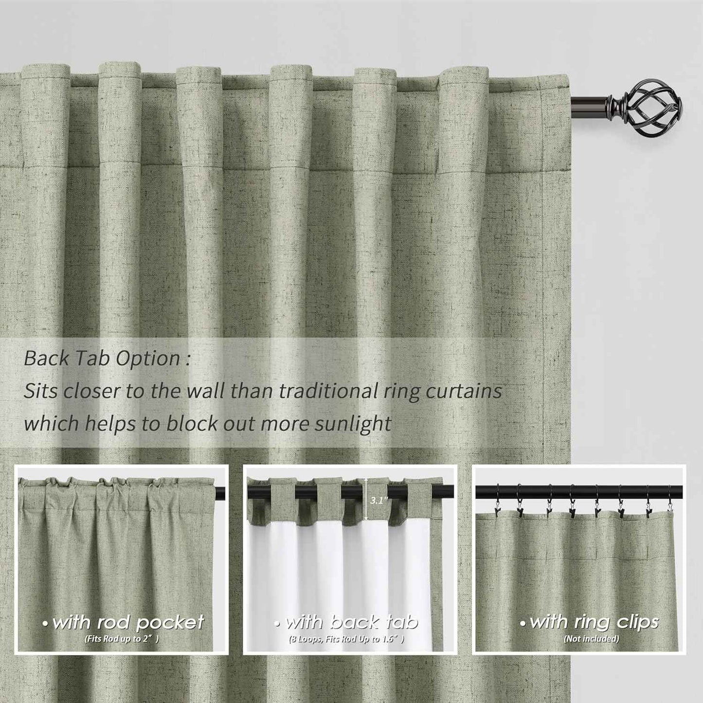 Sage Green Black Out Curtains 100 Inch Length Linen Textured Thermal Insulated Room for Bedroom Living Room Back Tab Rod Pocket Modern Farmhouse Home Window Decor Darkening Curtains 2 Panels Set