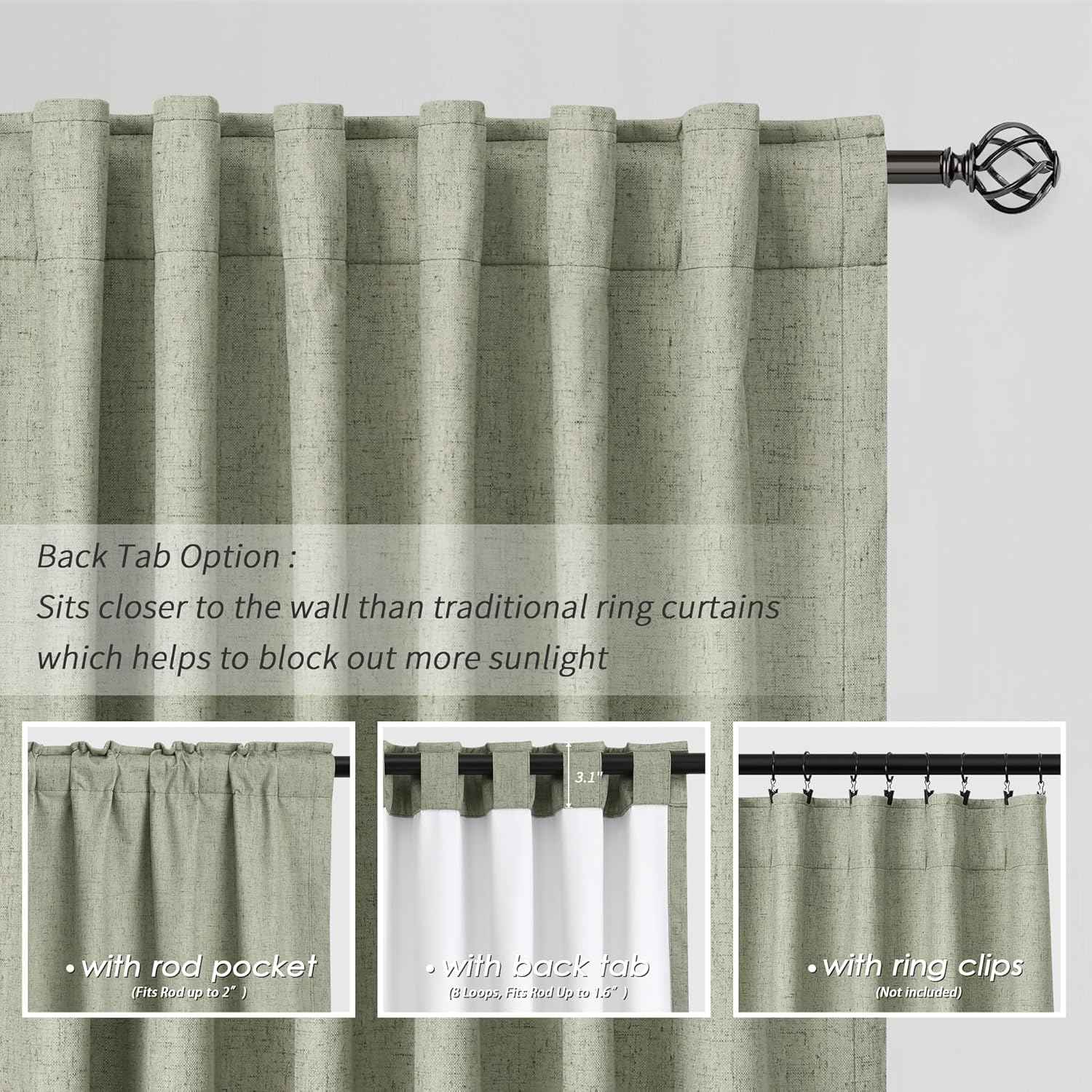 Sage Green Black Out Curtains 100 Inch Length Linen Textured Thermal Insulated Room for Bedroom Living Room Back Tab Rod Pocket Modern Farmhouse Home Window Decor Darkening Curtains 2 Panels Set