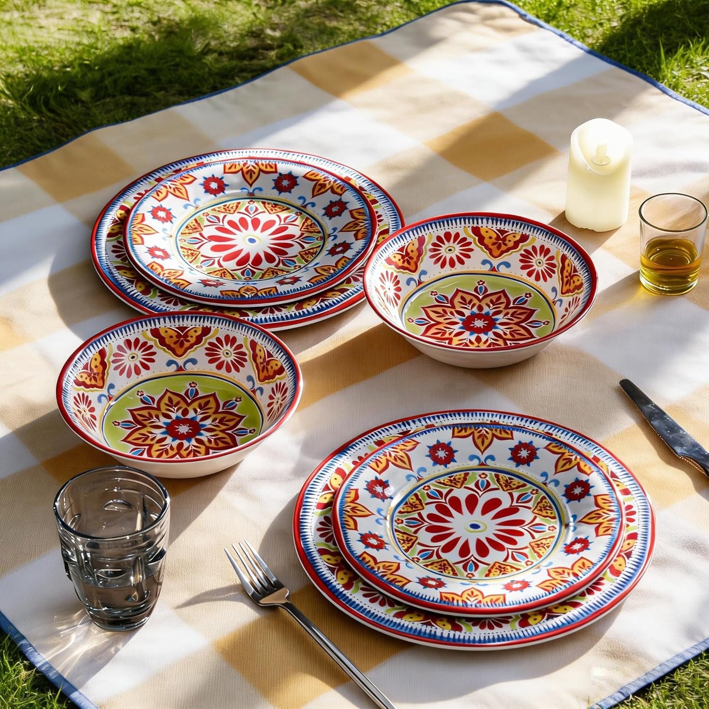 Premium Melamine Dinnerware Sets for 4, 12-Piece Plates and Bowls Sets, Shatterproof & Lightweight Dish Set for Indoor and Outdoor Use, Dishwasher Safe, Boho Red