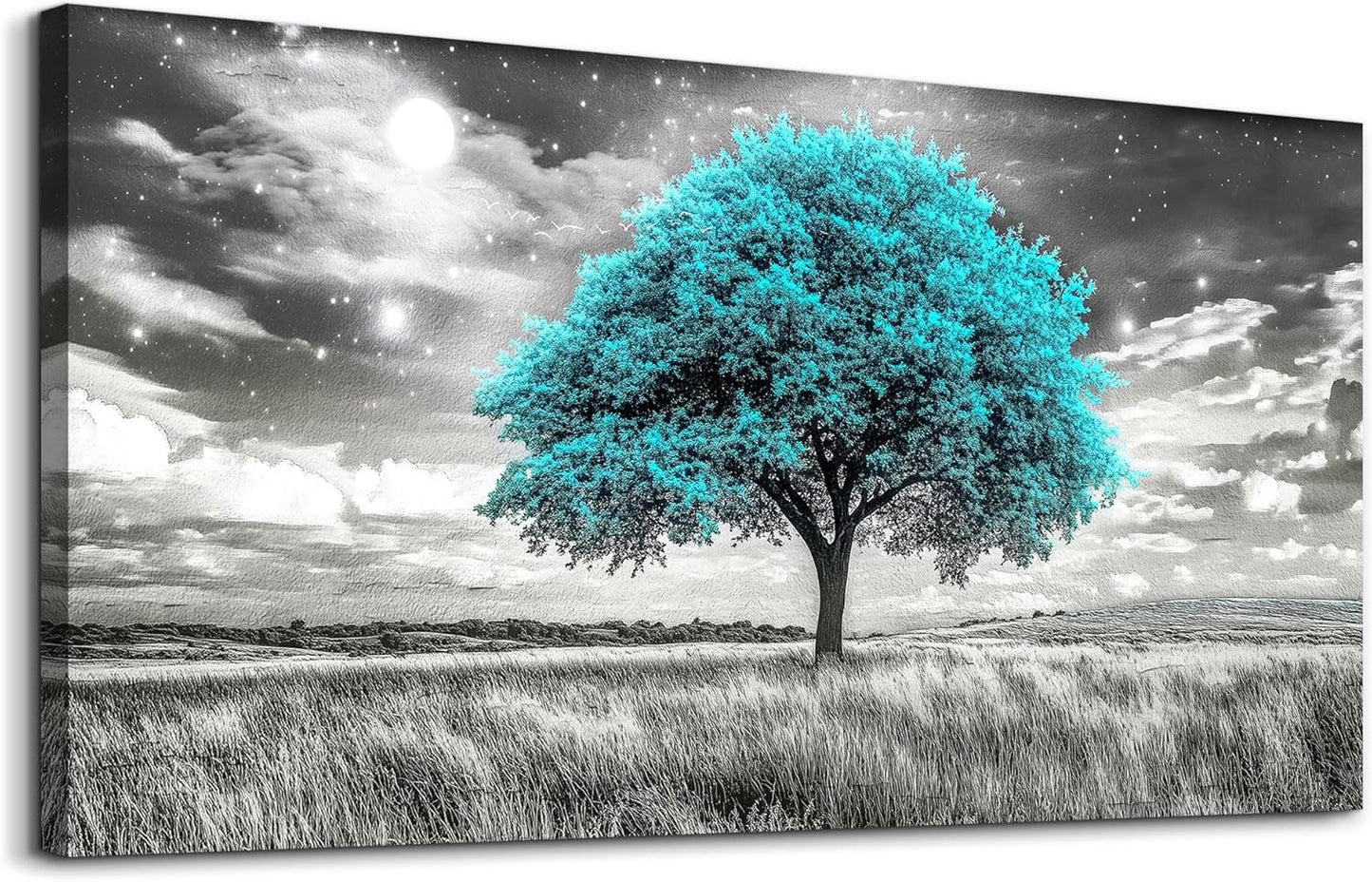 KELIYUAN Large Canvas Wall Art For Living Room Wall Decor For Bedroom Corridor Blue Tree Natural Scenery Full Of Stars Black And White Modern Printing Dining Room Kitchen Home Decoration 30 "X 60"