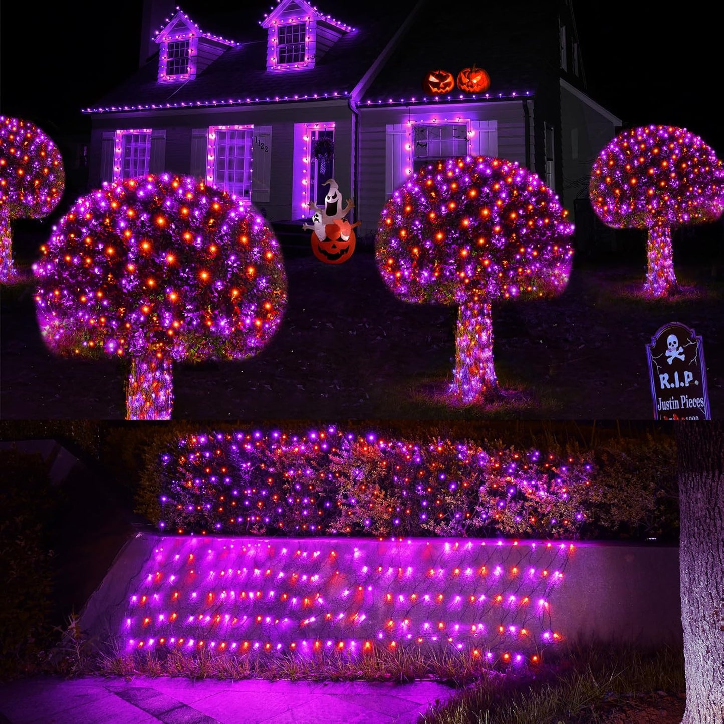 WBao Halloween Lights Outdoor 200LED 8.4ft x 5.2ft Orange Purple Halloween Net Lights with 8 Modes, Timer, Connectable, Waterproof & Dark Green Wire for Lawn, Bushes, Trees, Outdoor Holiday Decor