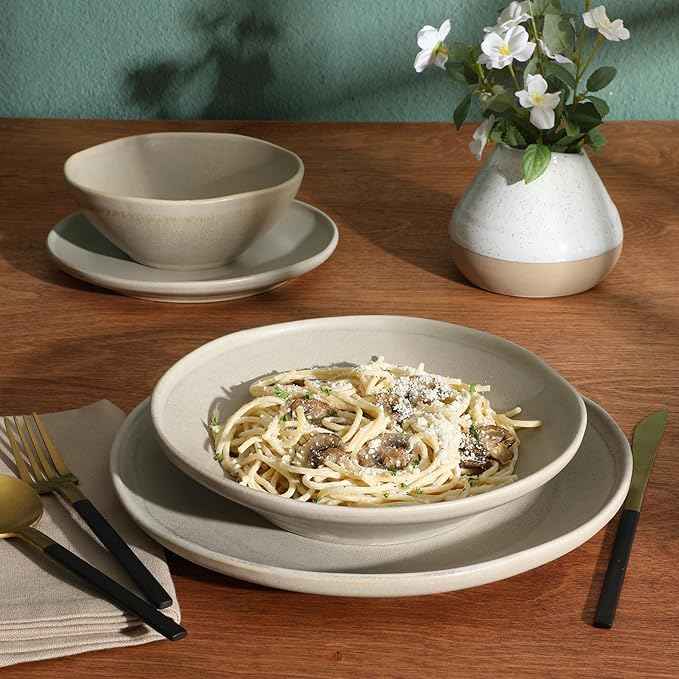 Gibson Elite Island Cove 16 Piece (Service for 4) Plates and Bowls Reactive Glaze Organic Round Dishes Stoneware Ceramic Dinnerware Set -Light Grey