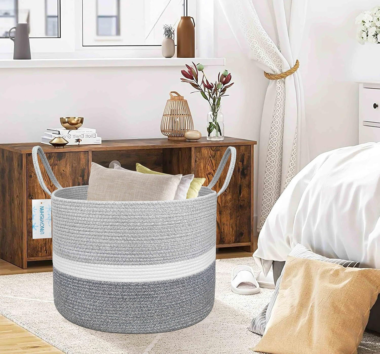 21.65" x 13.78" XXXLarge Woven Rope Basket Decorative Blanket Basket for Living Room Toys Sofa Throws Storage Towels or Nursery Laundry Hamper with Handles Laundry Basket (Three-Colour)