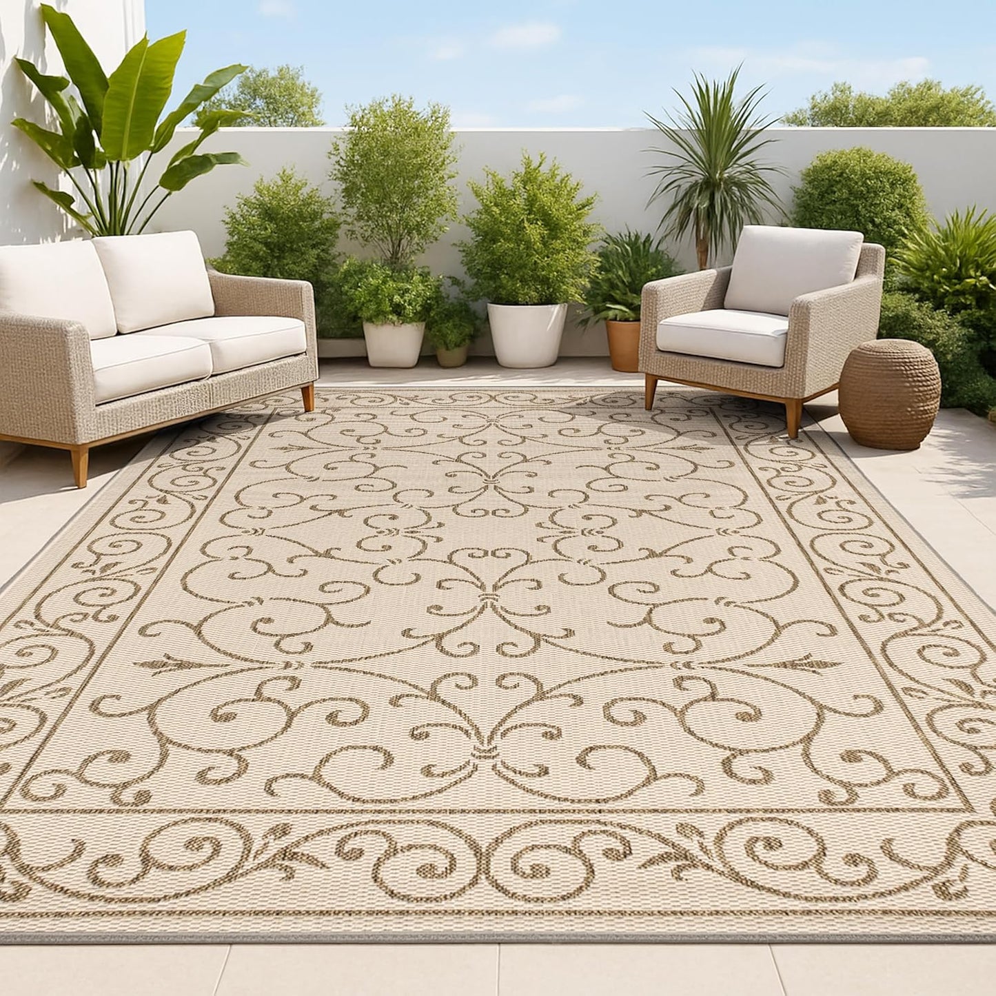 JONATHAN Y Vintage Filigree Indoor Outdoor Area Rug 4X6 Beige/Brown, Charleston Textured Weave for Backyard, Patio, Porch, Easy-Cleaning, High Traffic, Pet-Friendly, Non-Shedding (SMB106A-4)