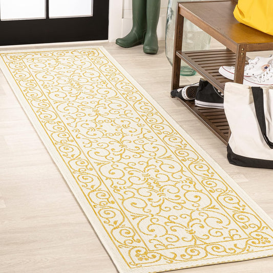JONATHAN Y Vintage Filigree Indoor Outdoor Runner Rug 2X8 Cream/Yellow, Charleston Textured Weave for Backyard, Patio, Porch, Easy-Cleaning, High Traffic, Pet-Friendly, Non-Shedding (SMB106M-28)
