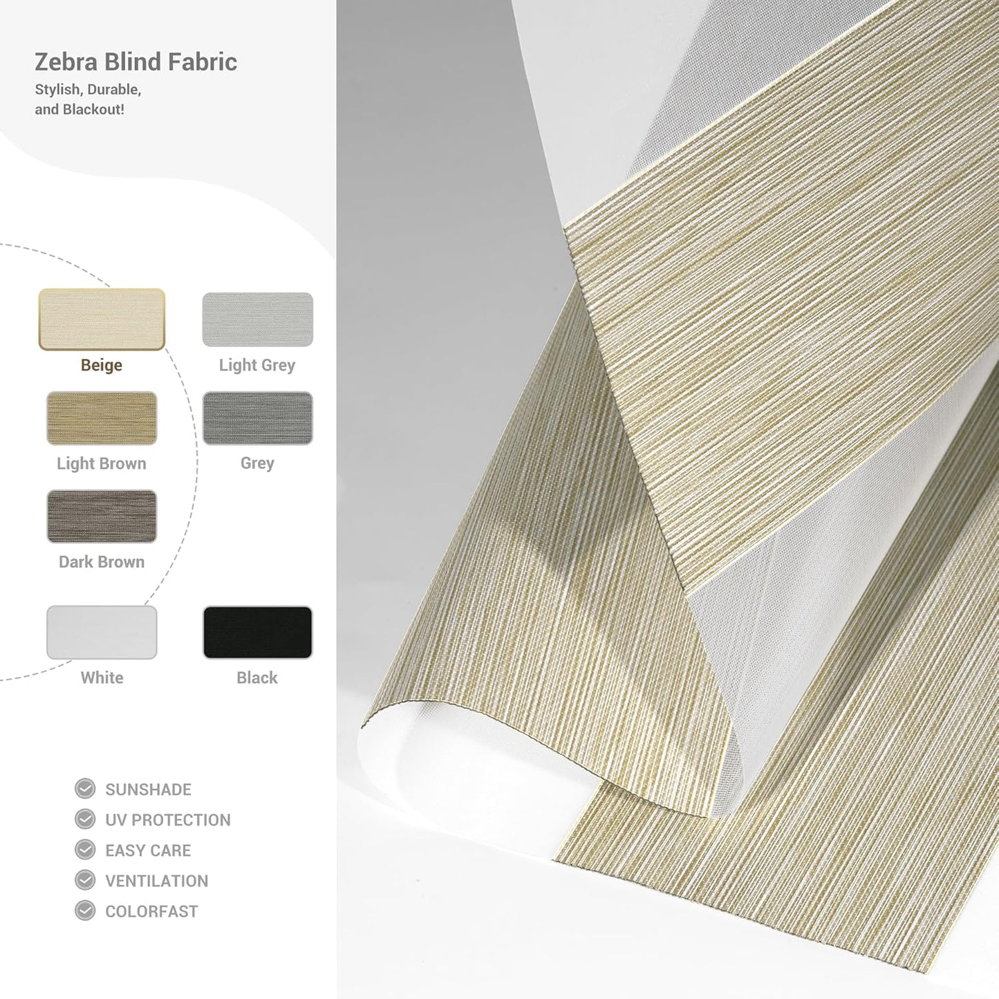 Cordless Zebra Blinds for Windows, Blackout Interior Blinds,Easy to Install,UV Protection,for Offices and Home,Custom Roller Shades, Mousse Beige,70" W x 48" H