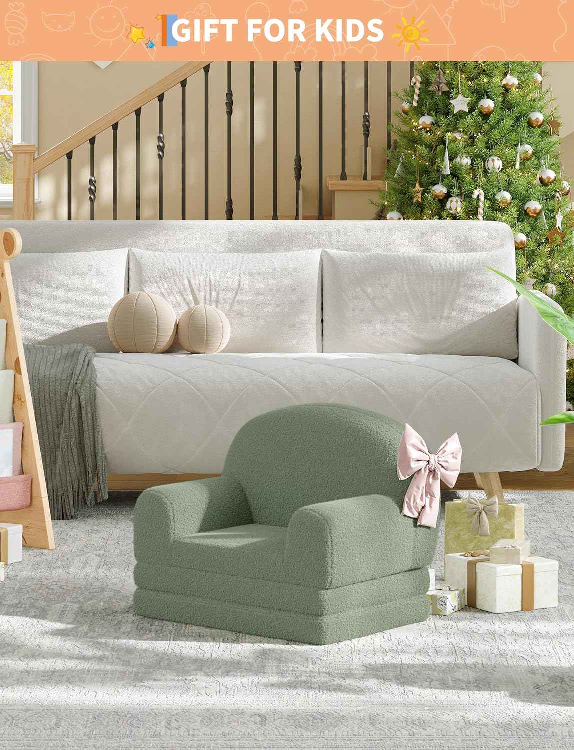 GarveeHome Kids Couch, 2-in-1 Comfy Toddler Couch Fold Out, Convertible Sofa to Lounger Foam Kids Chair with Soft Sherpa, Gift for Girls and Boys (Green Moon)