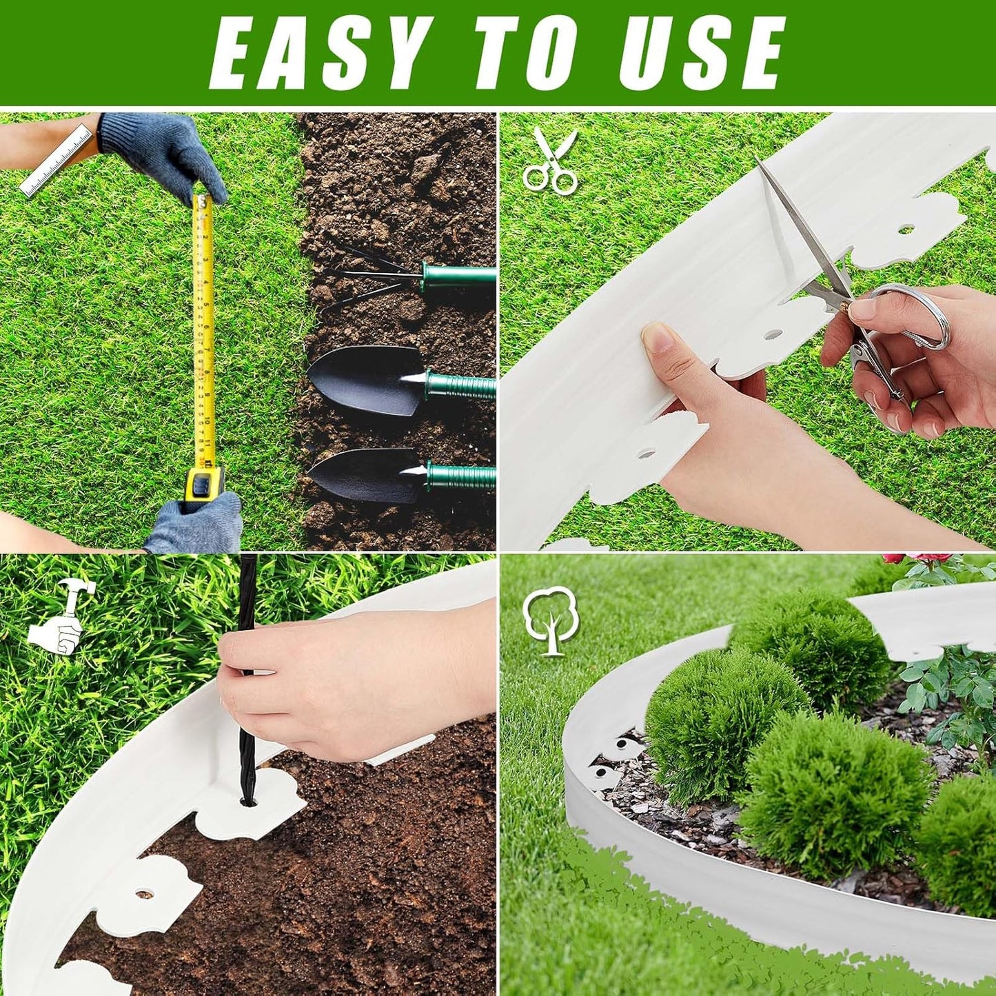 Sasylvia 2'' x 200' Landscape Edging Kit Edging Border Coil Include Anchoring Spikes 10 Connectors Plastic Garden Border for Lawn Garden Grass Yard Home(White)