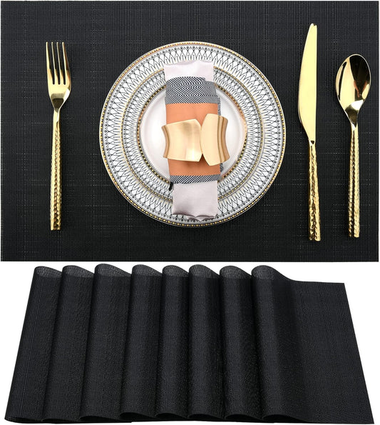 Black Placemats Set of 8 - Easy Clean Washable Vinyl Placemats - Heat Resistant Placemats for Kitchen Table - PVC Table Mats for Dining Table (Pure Black, 8)