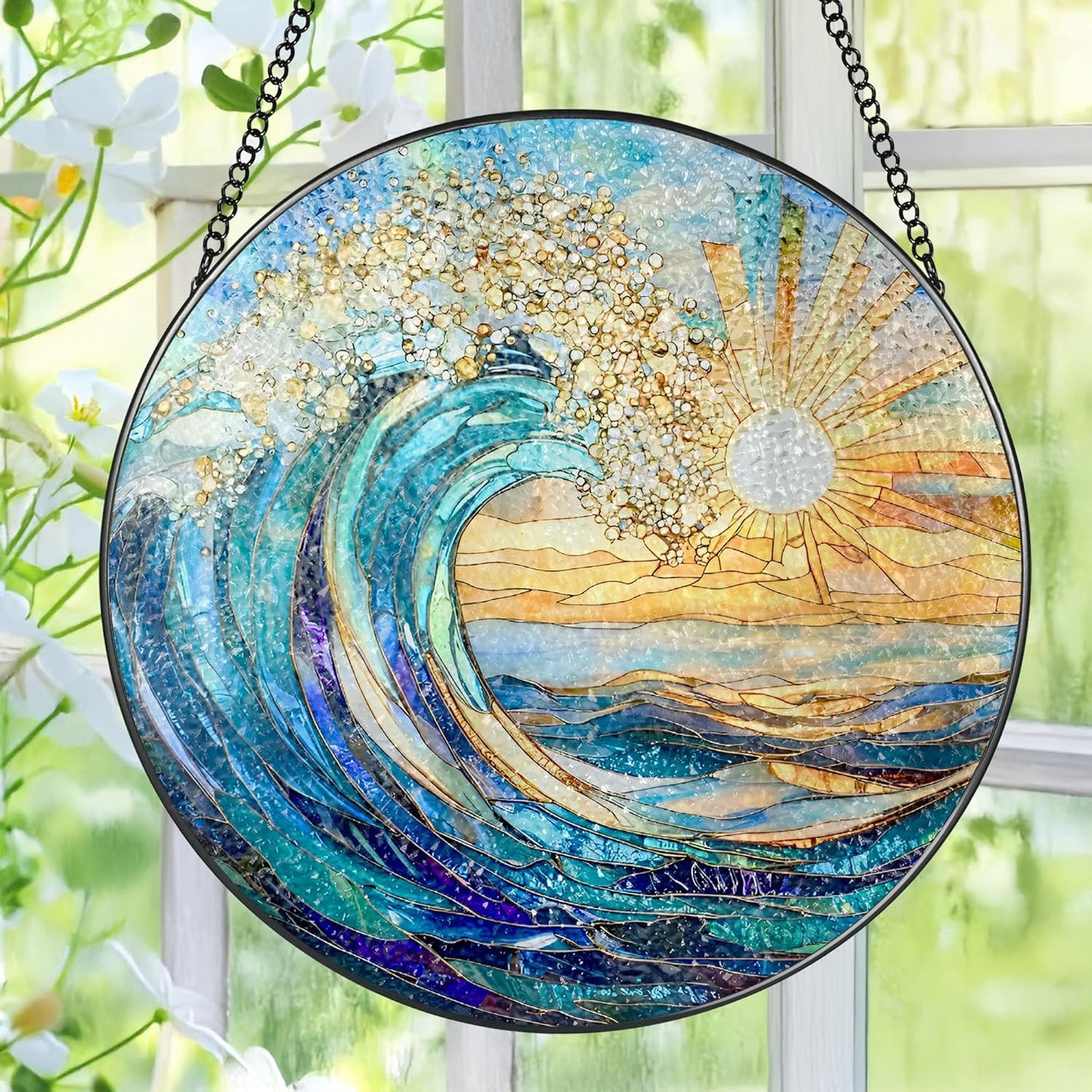Sea Wave Stained Glass Suncatcher, 8 Inch Ocean Suncatchers for Window Hanging, Beach Lover Gifts, Beach Decor, Coastal Suncatcher, Gifts for Friends, Couples, Family, Colleagues