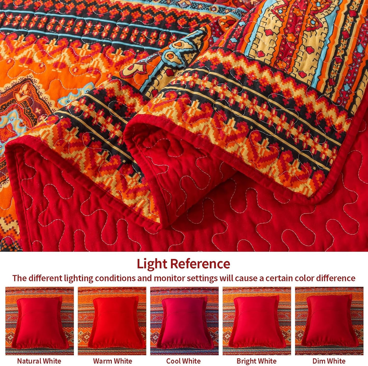 VAPUTAR Quilt California King Size Bedding Set - Cotton California King Quilt (108 * 118 Inch) - Boho Lightweight Reversible Oversized Bedspread for Farmhouse Bedroom (Red/Orange), 3 Pieces