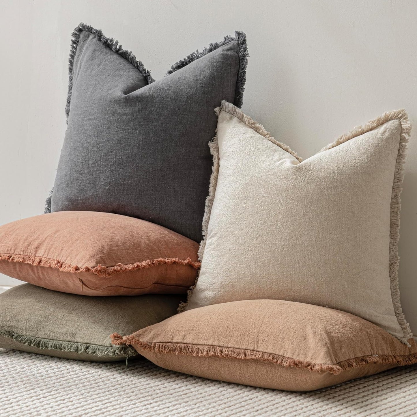 Foindtower Set of 2 Decorative Linen Fringe Throw Pillow Covers Cozy Boho Farmhouse Cushion Cover with Tassels Soft Accent Pillowcase for Couch Sofa Bed Living Room Home Decor, 24×24 Inch, Gray