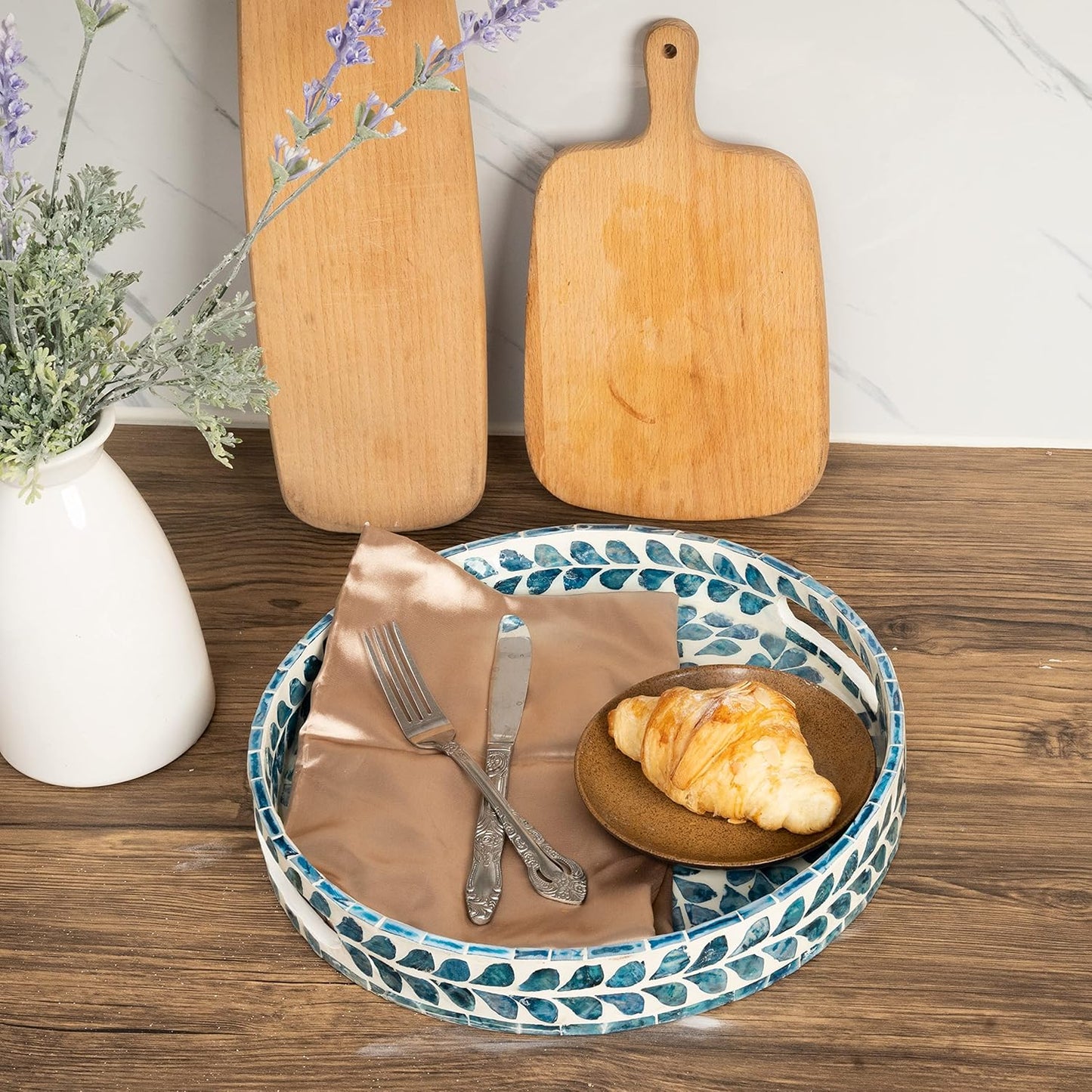 Serving Tray 12.5 Inch, Lacquer Mother of Pearl Inlay Mosaic Tray, Round Wooden Marble Tray with Handles Trays for Tea, Breakfast (Leaf Style)