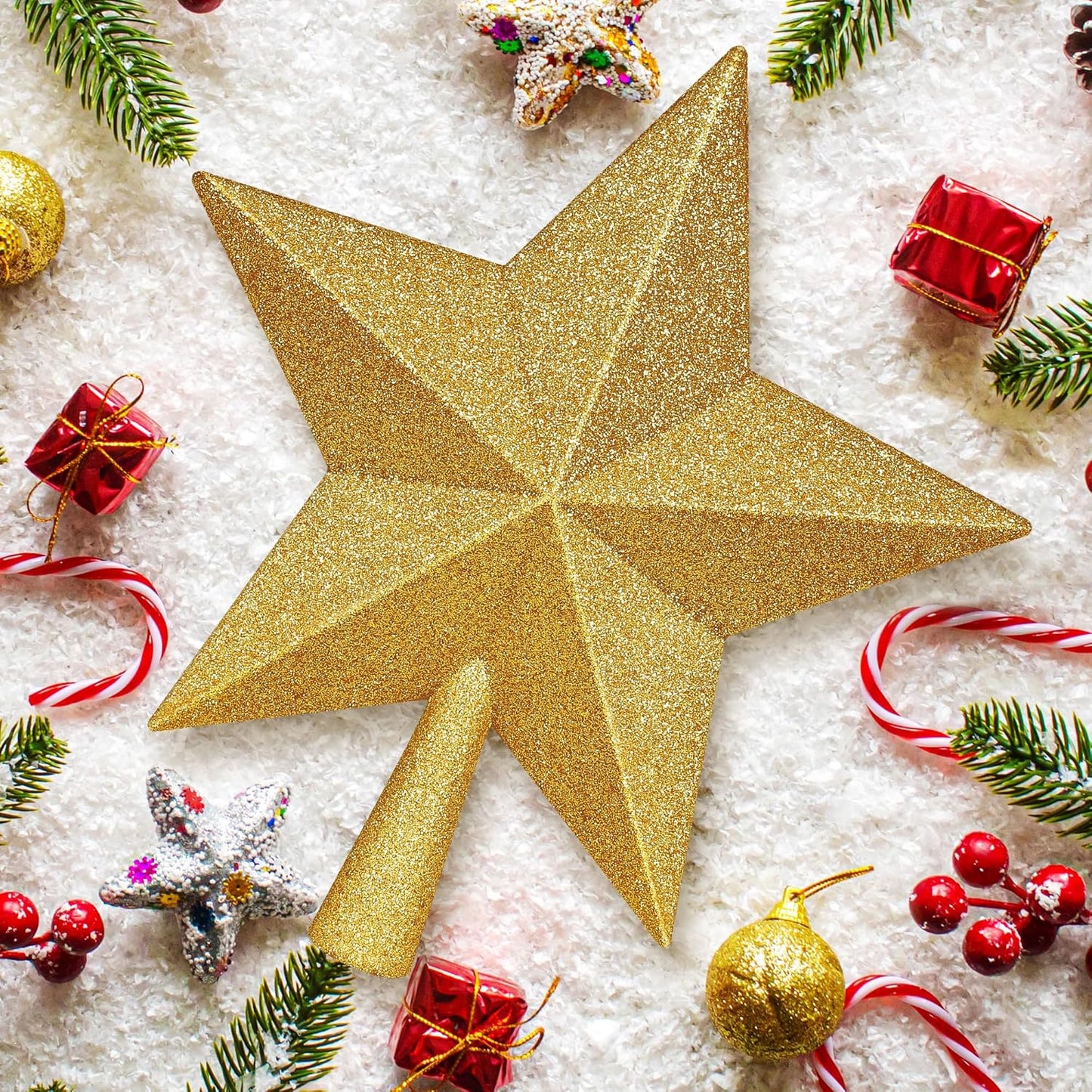 Christmas Tree Topper, 1PCS 10" Gold Glitter Star Tree Topper, Large Xmas Shatterproof Mini Bethlehem Star Tree Topper Decorations, Waterproof Christmas Decor for Holiday Home Outdoor Ornament