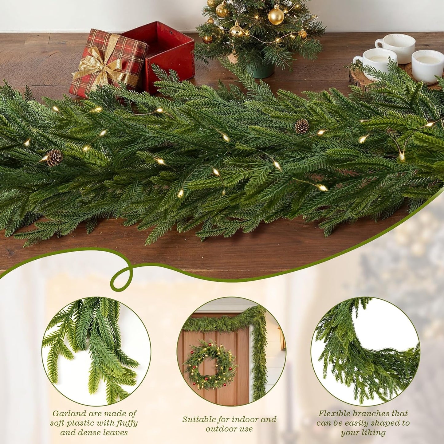 6FT Christmas Garland Norfolk Pine Garland Real Touch Faux Greenery Cedar Garlands for Mantle,Table,Wall,Christmas Decorations Indoor Outdoor