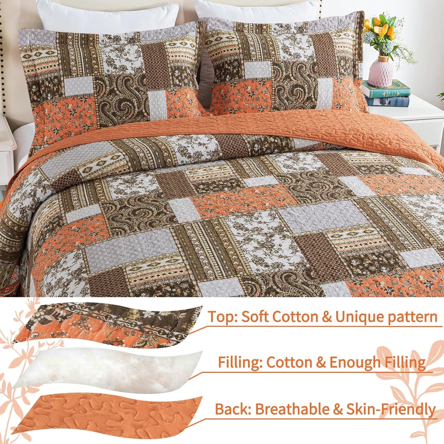 VAPUTAR Quilts King Size - Fall Cotton King Size Quilt Bedding Set, 3 Piece Lightweight Soft King Bedspreads Cotton Boho King Quilt Set, Floral Bedding Set for Farmhouse Bedroom (Dream Orange)