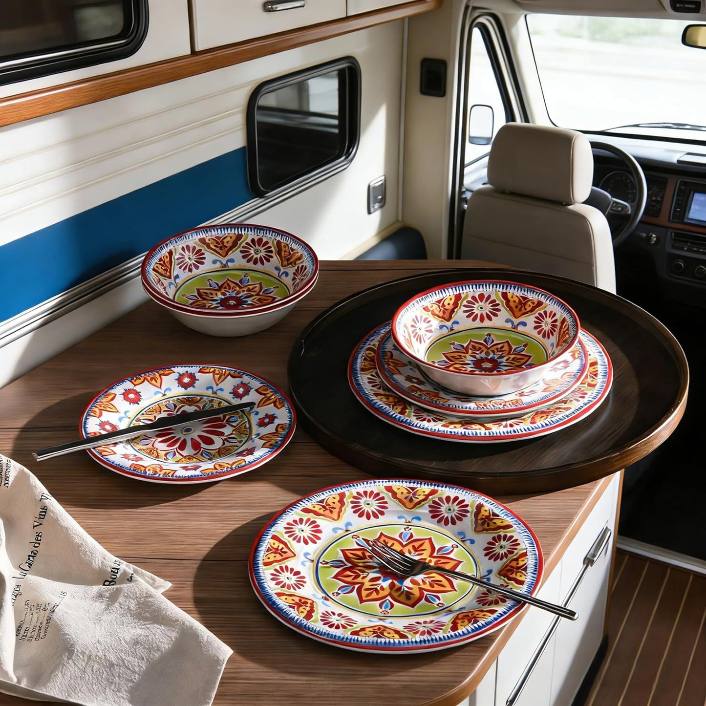 Premium Melamine Dinnerware Sets for 4, 12-Piece Plates and Bowls Sets, Shatterproof & Lightweight Dish Set for Indoor and Outdoor Use, Dishwasher Safe, Boho Red