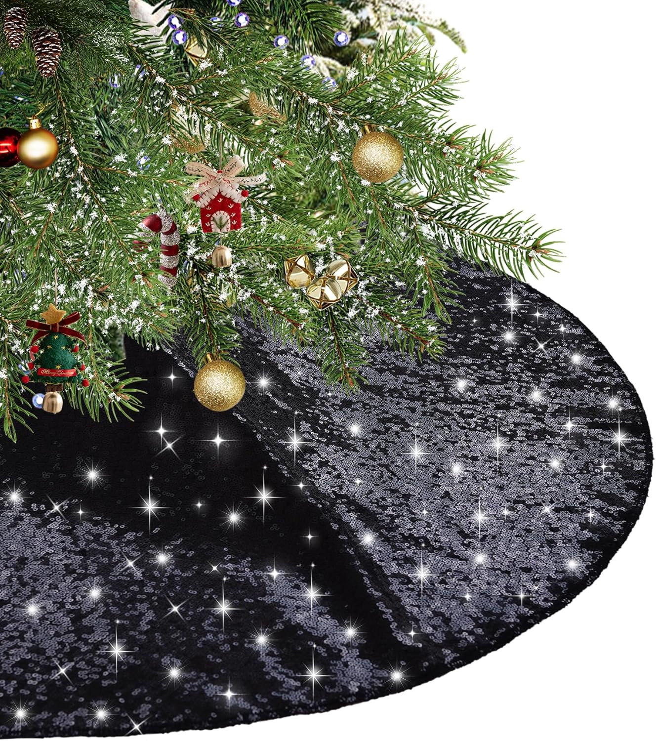 Eternal Beauty Christmas Tree Skirt, 50 Inch Black Halloween Sequin Tree Skirt Small Xmas Tree Skirt for Christmas Tree Decorations