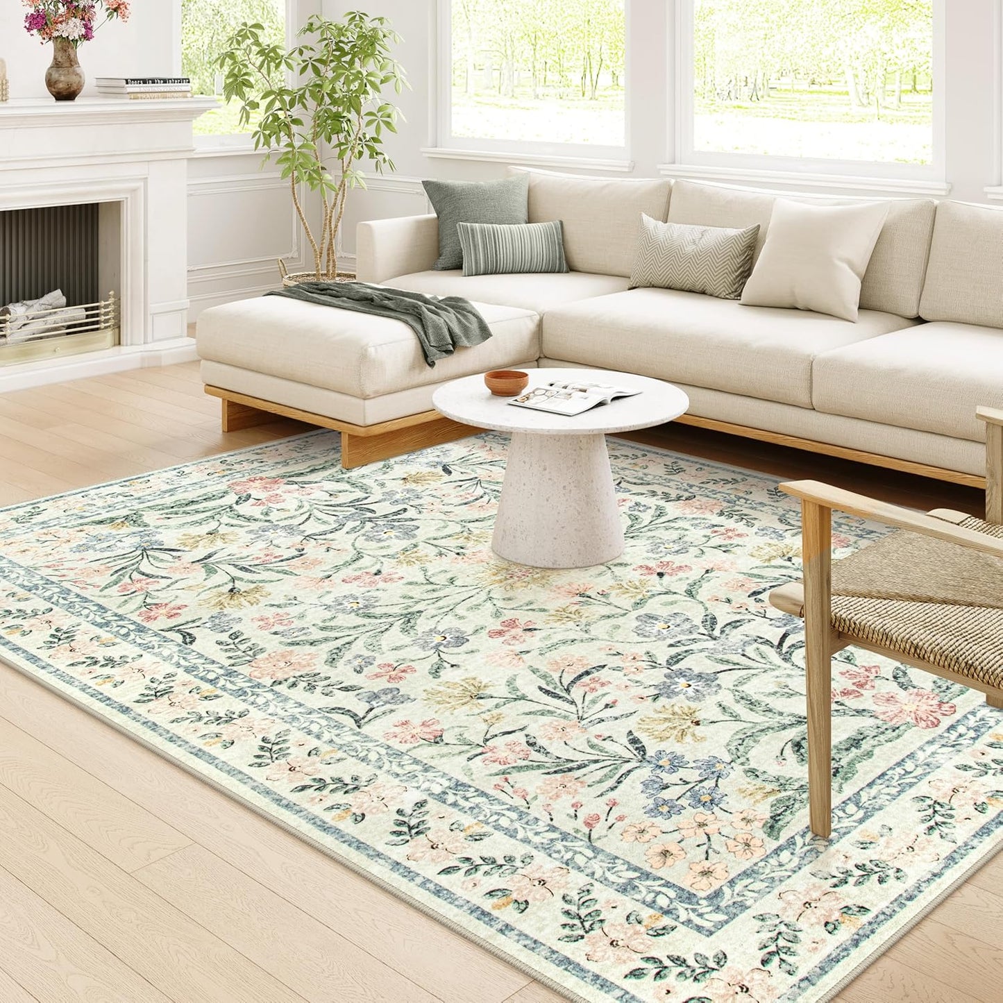 Wonnitar Large Washable 8x10 Rug, Boho Living Room Rug 8 x 10, Soft Floral Carpet for Bedroom Non Slip, Indoor Soft Beige Carpets for Dining Room Apartment Office