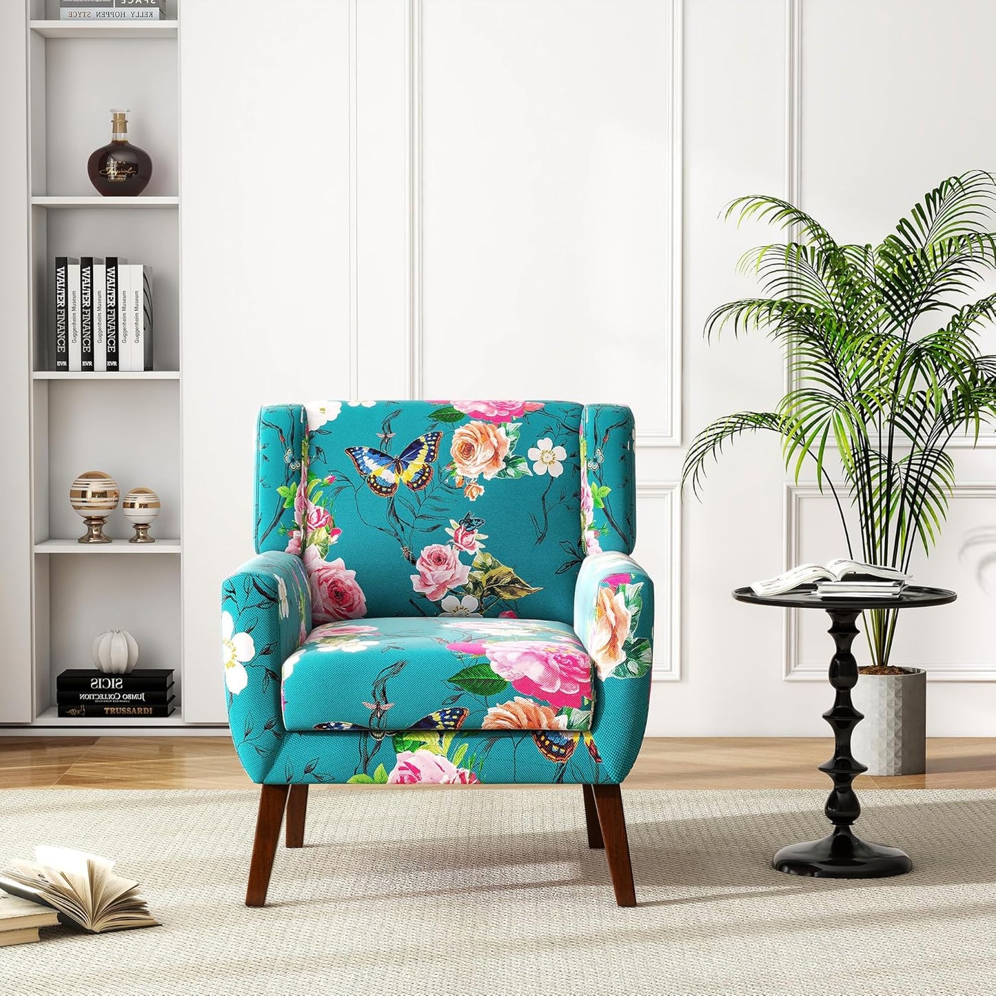 UIXE Floral Accent Chair, Modern Upholstered Armchair in Fabric for Living Room, Comfy Club Arm Chairs Single Sofa Button Tufted Bedroom Reading Seat - Pattern Blue, Set of 2