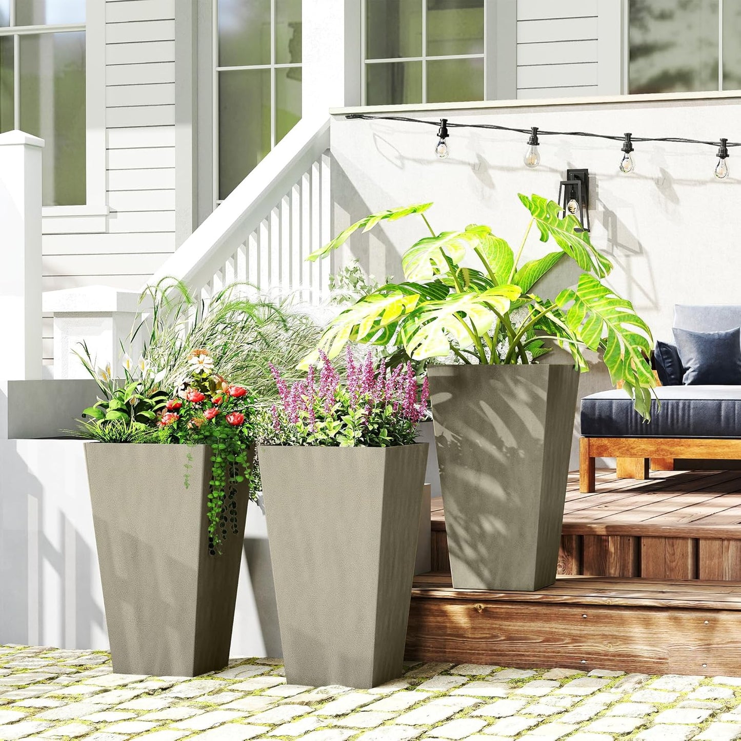 Outsunny Tall Planters for Outdoor Plants Set of 3, 28 in Taper Planters with Drainage Holes, Indoor Grande Plant Pots, Front Porch Decor, Grey