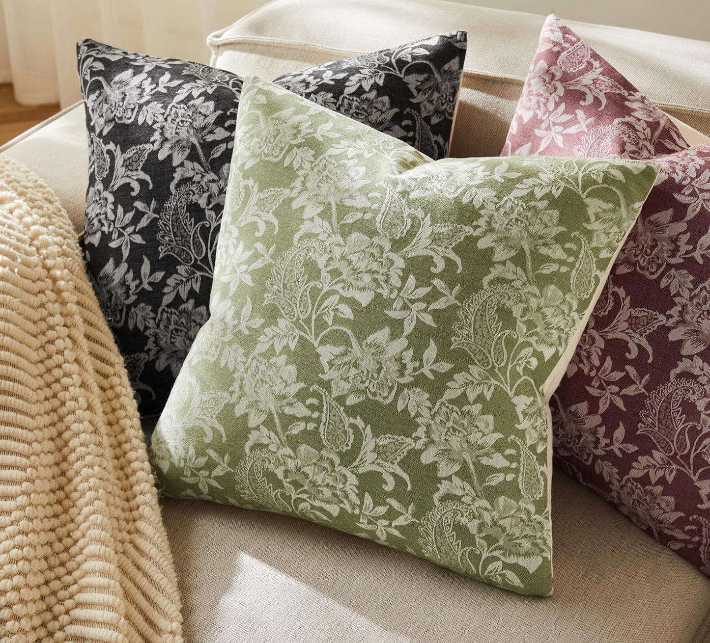 Floral Jacquard Throw Pillow Covers Set of 2, Background/Green 20x20 Inch, Farmhouse Decorative Cotton Sage Green Cushion Covers for Sofa Bed Living Room Home Decor