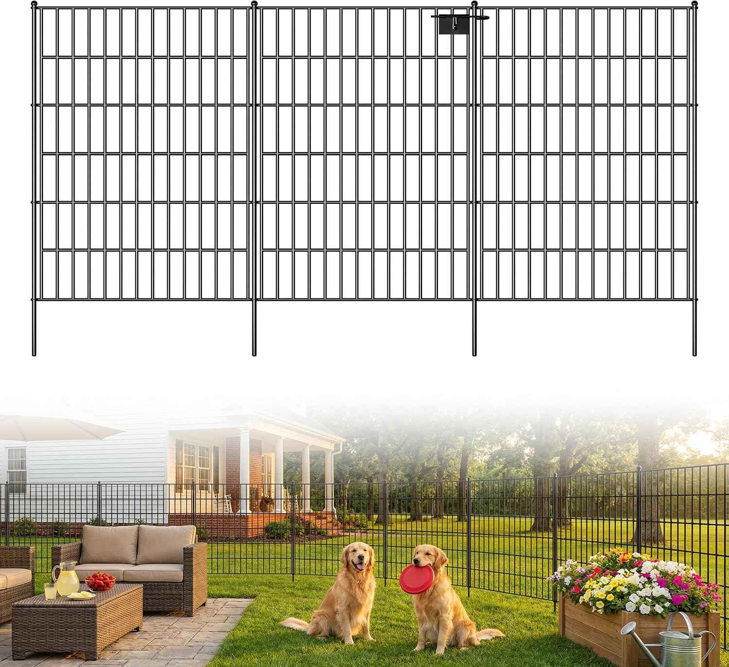 Toolterritary 10 Panels No Dig Decorative Garden Fence with Gate, 40in(H) x 25ft(L), Dog Fence Outdoor for Yard - Rustproof Metal Animal Barrier Fencing for Patio, Flower Bed, Ideal for Dogs, Rabbits