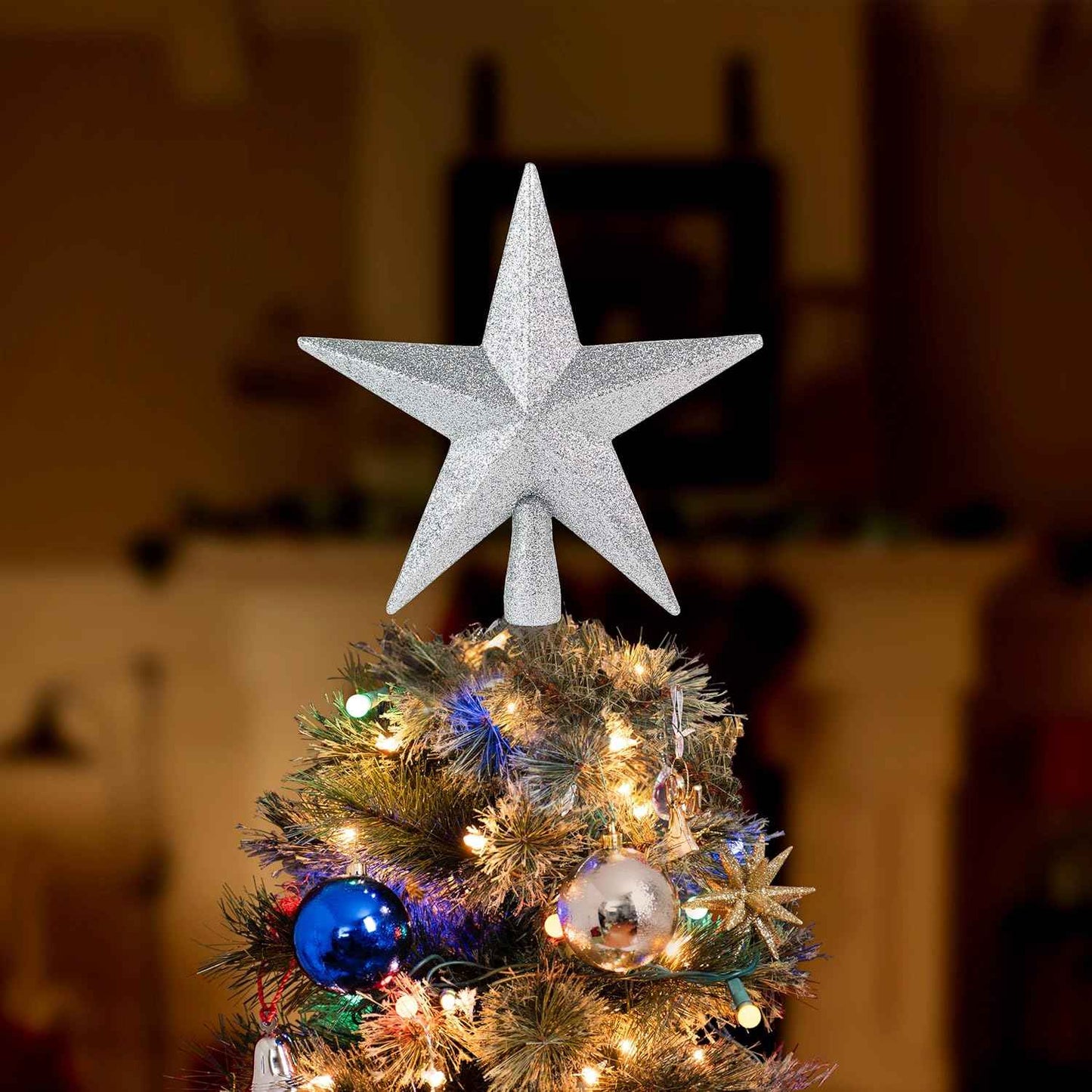 Ornativity Glitter Star Tree Topper - Christmas Silver Decorative Holiday Trees Toppers Sparkle Bethlehem Star Decor Xmas Ornament 8"