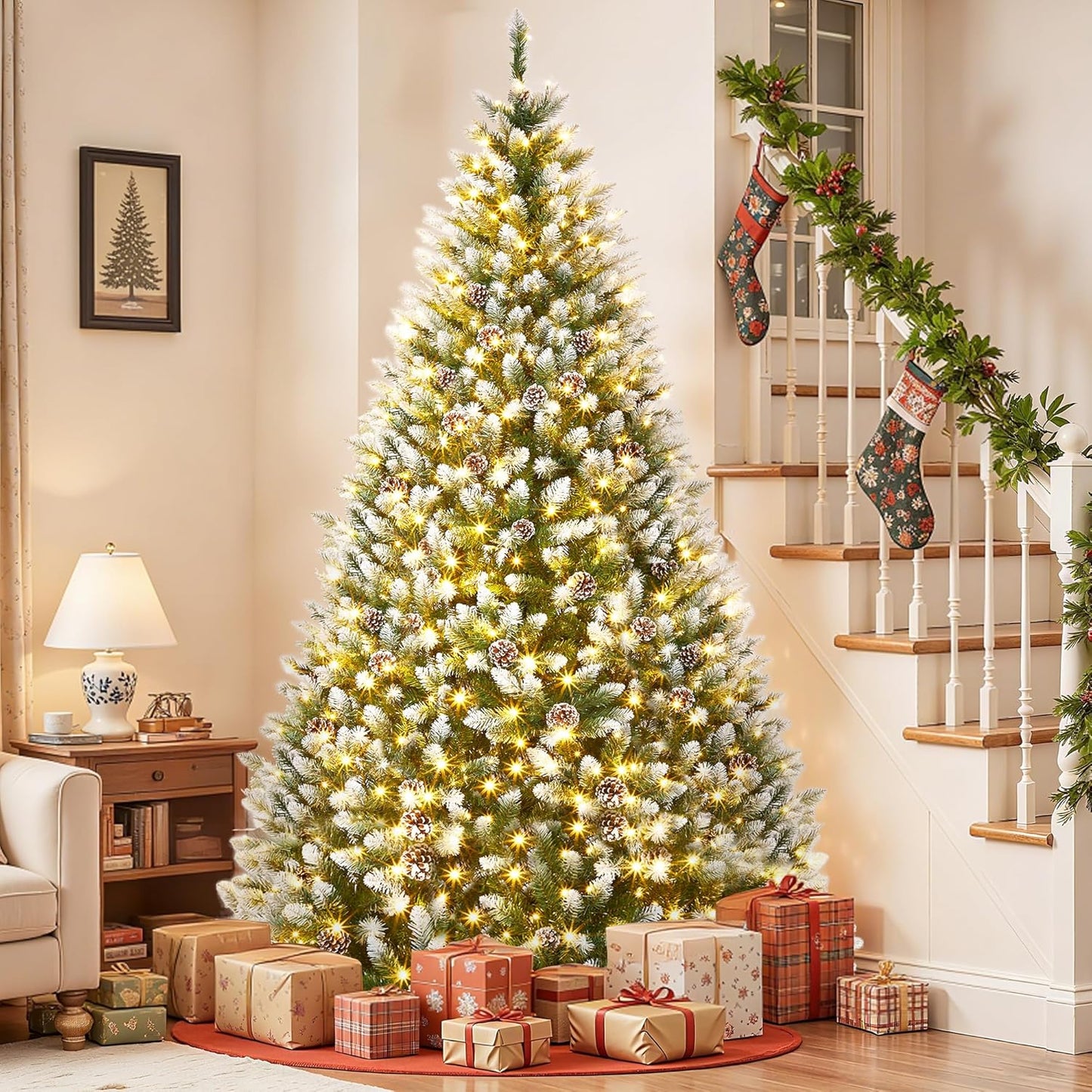 9 ft Christmas Tree, Christmas Decorations with 900 Lights, Pre-lit Artificial Christmas Tree with 1800 Snowy White PVC Branches, Flodable Metal Stand＆Easy Assembly