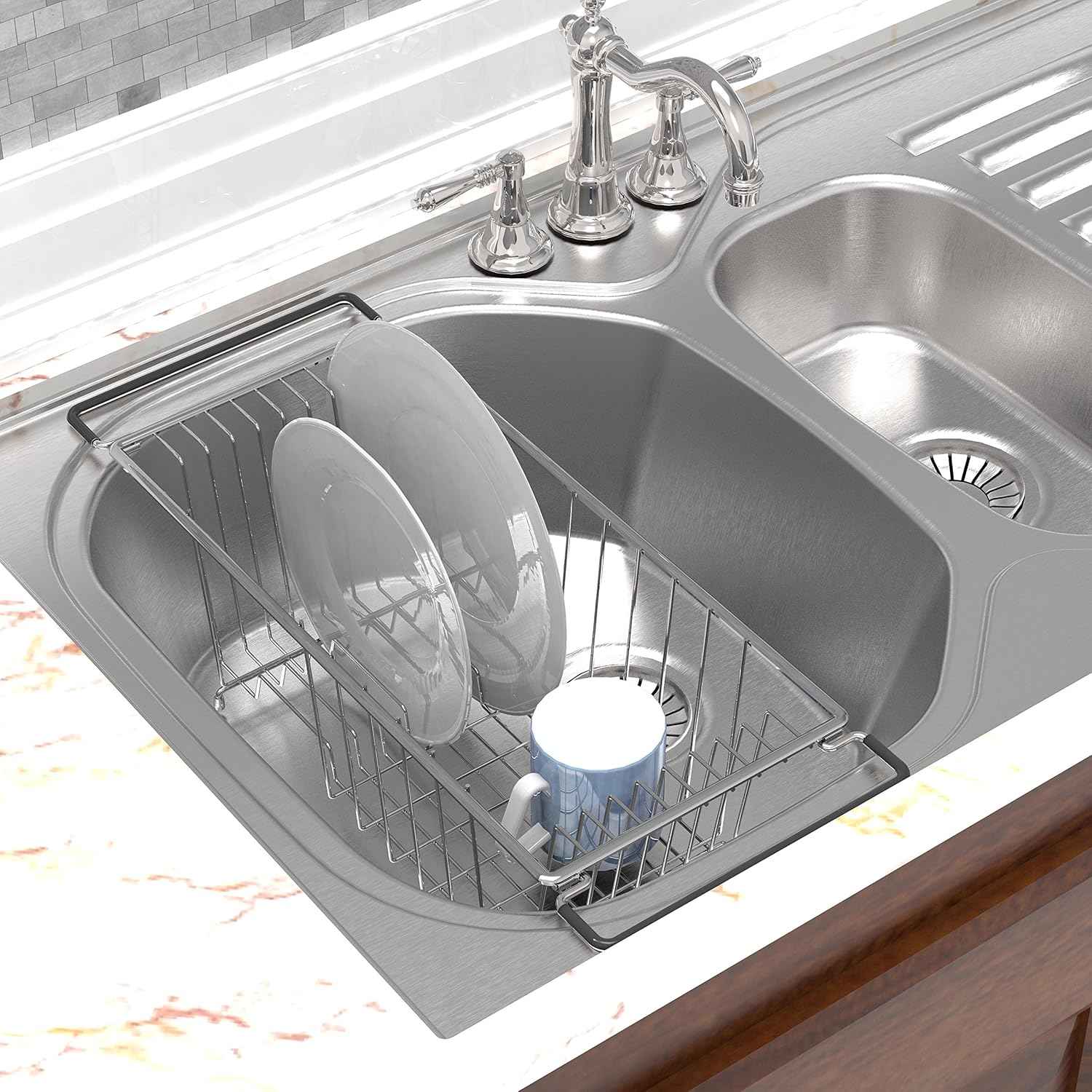 Simple Houseware Over Sink Counter Top Stainless Steel Dish Drainer Drying Rack, Chrome