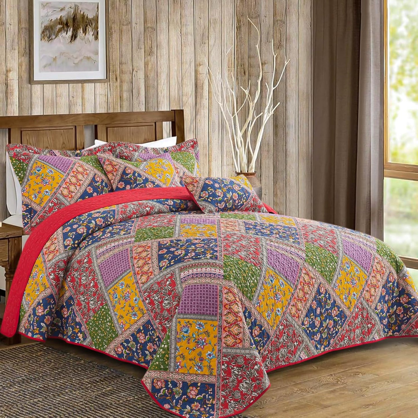 VAPUTAR Cotton Quilt King Size Set, Quilted Bedspread Coverlet (96 * 108 Inch) with 2 Pillowcovers, 3 Pieces Lightweight Farmhouse Style with Patchwork Design King Quilt Bedding Set for All Season.
