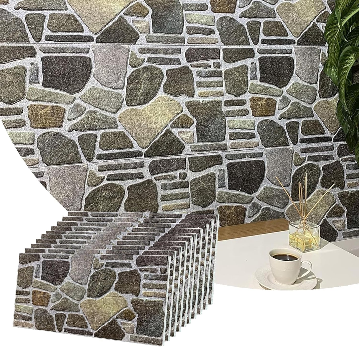 Dundee Deco 3D Wall Panels - Cladding, Charcoal Green Beige Stone Look Wall Paneling, Styrofoam Facing for Interior and Exterior Applications, DIY, Set of 10, Covers 54 sq ft