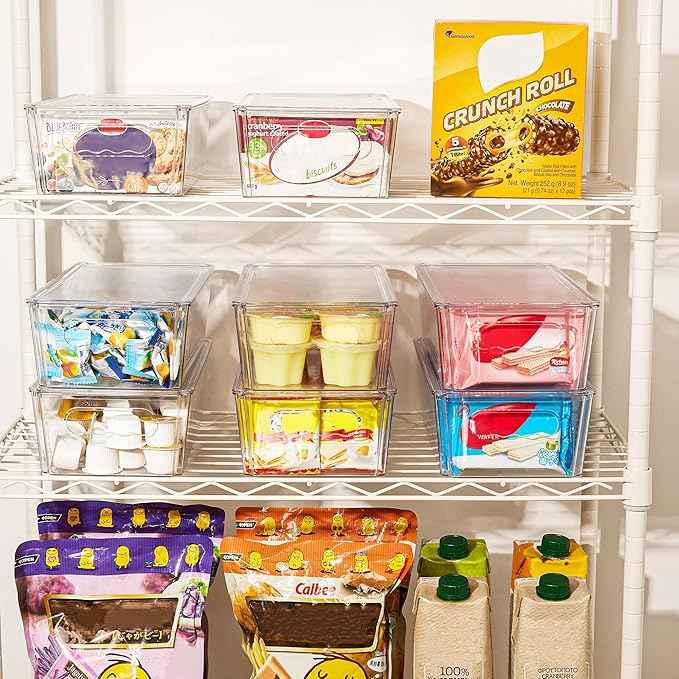 Vtopmart 4pcs Clear Organizers and Storage Bins with Lids, Stackable Plastic Storage Containers with Handles for Fridge, Freezer, Pantry, Cabinet, Kitchen Organization
