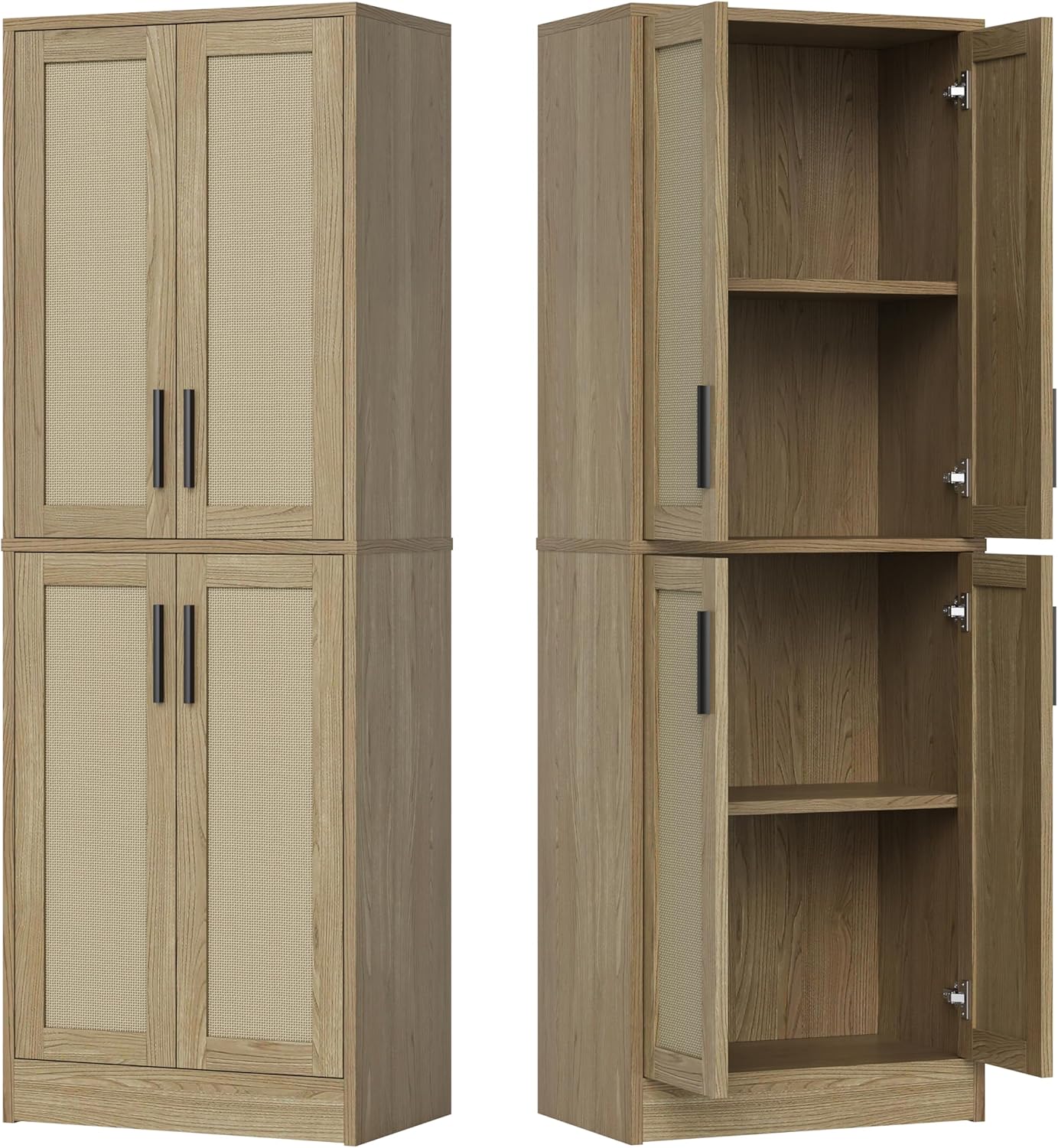Pantry - Kitchen Pantry Cabinet, Tall Storage Rattan Cabinet with 4 Doors and Adjustable Shelves, Linen Closet Freestanding Cupboard for Dining Room Living Room, Laundry, Bathroom