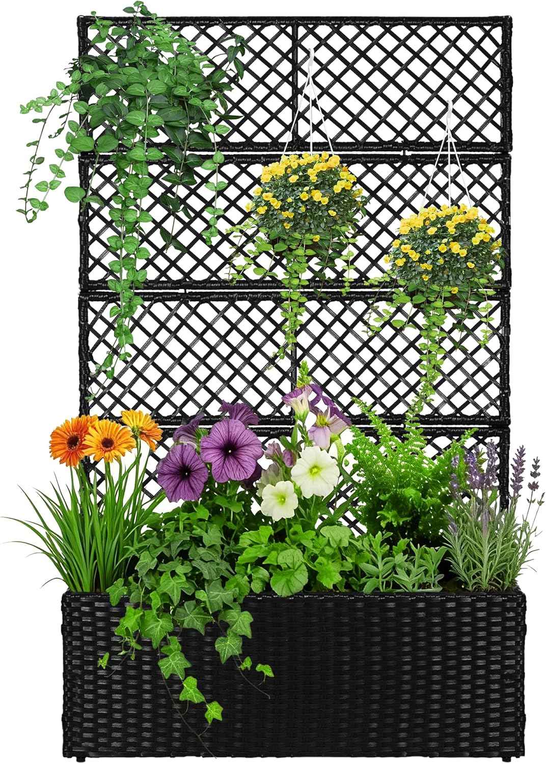 52’’ H Garden Planter Box with Trellis Outdoor for Vine Climbing Plants, Flowers Handwoven Rattan Garden Bed with Removable Liners for Backyard Patio Balcony