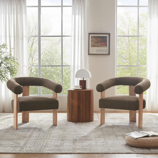 VKNOW Accent Chair Living Room Chair Set of 2, Modern Upholstered Armchair with Solid Wood Legs, Comfy Barrel Arm Chairs for Living Room Bedroom, Brown