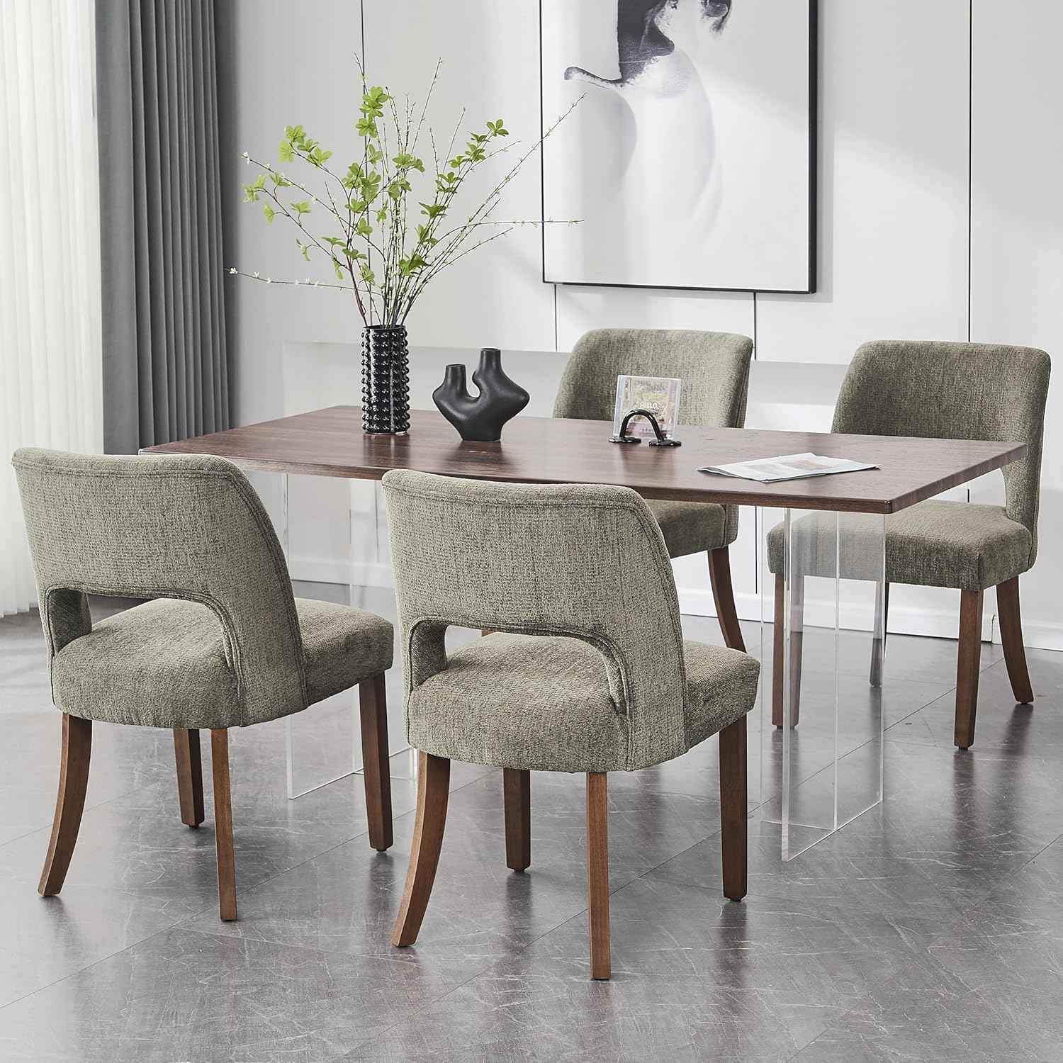 VKNOW Wooden Dining Chairs Set of 4, Modern Fabric Upholstered Dining Room Chair Kitchen Chairs, Farmhouse Dinner Chair for Kitchen Dining Room, Green