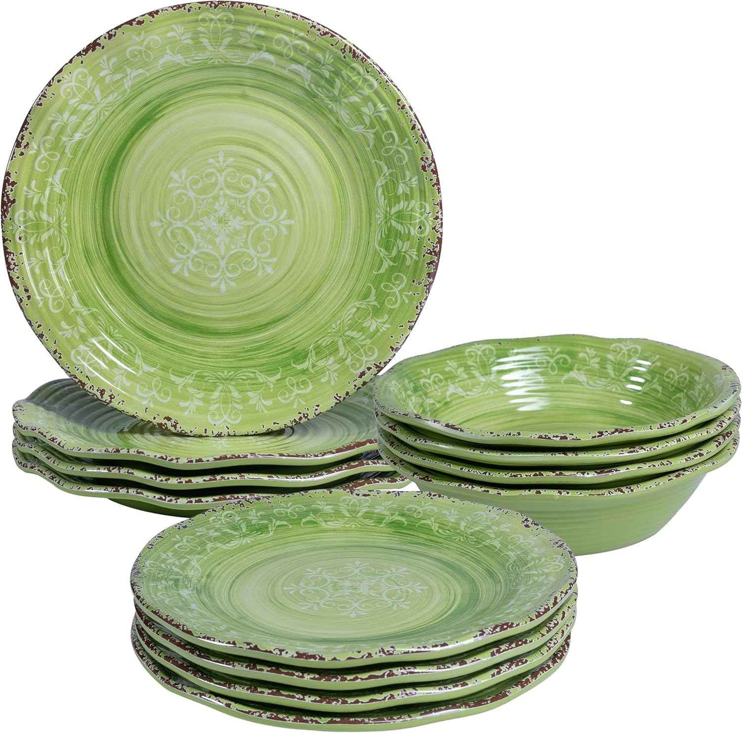 LEHAHA Unbreakable Melamine Dishes Dinnerware Sets, 12 Piece Luxury Thick but Lightweight Farmhouse Plates and Bowls Set for Spring Summer Picnic, RV, Camping & Everyday Use, Service for 4, Green