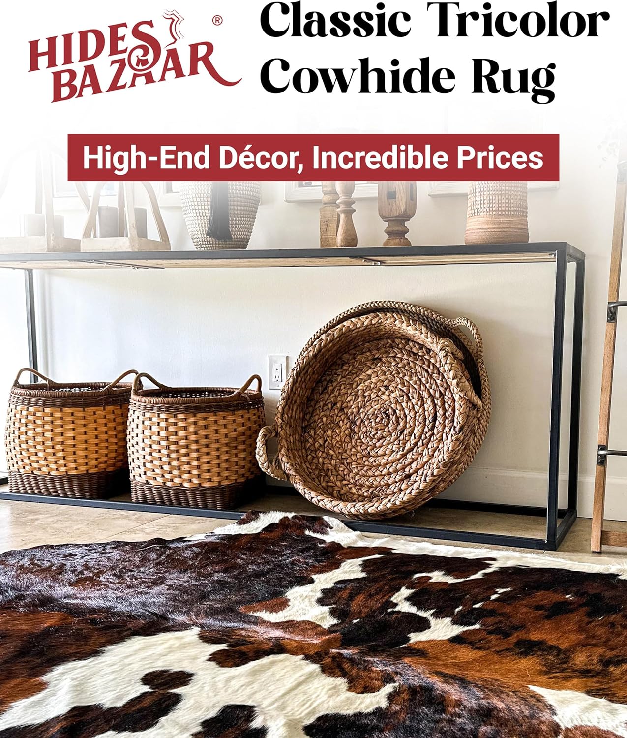 Tricolor Cowhide Rug Classic Brown, Black and White Color Mix, Natural Leather Hide, Area Rug (5x7 ft)