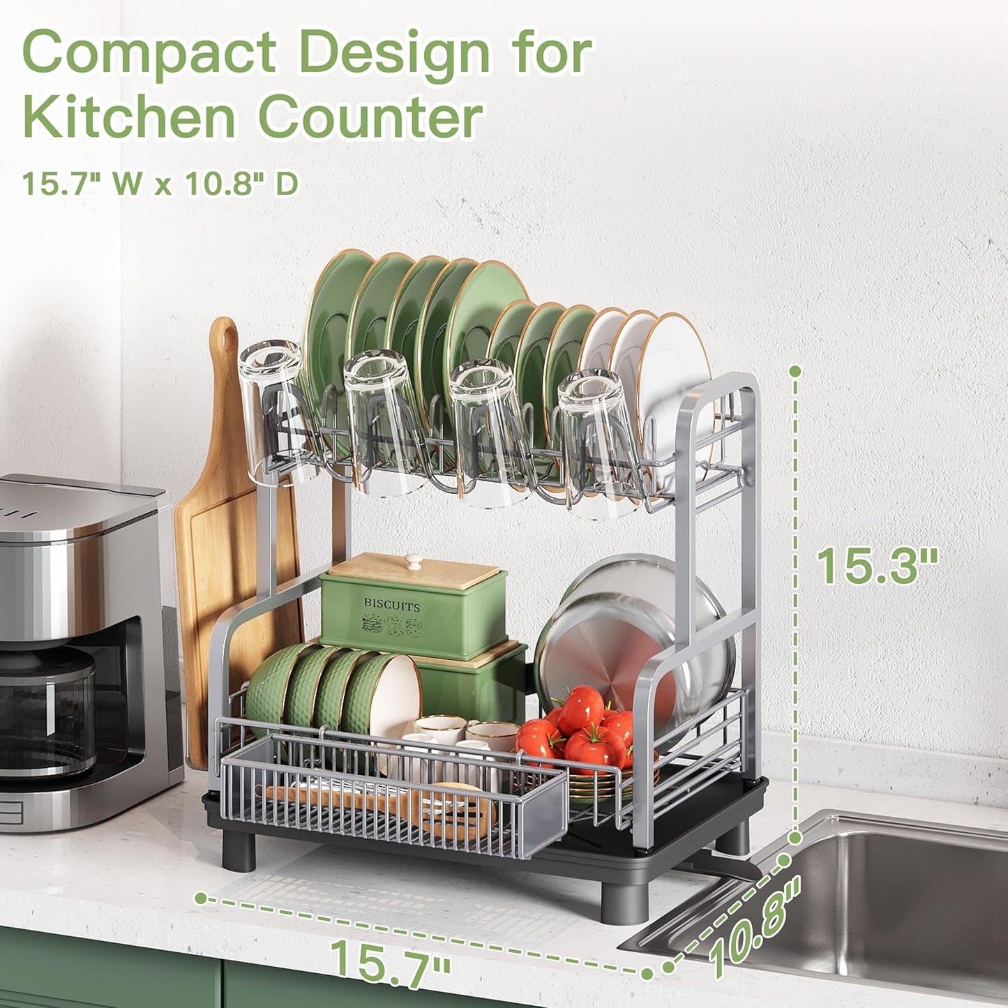 romision 2 Tier Compact Stainless Steel Dish Drainers Drying Rack for Kitchen Counter, Space Saving, Rust Proof Plate Strainers Holder On Countertop with Drainboard, Modern Gray, Small