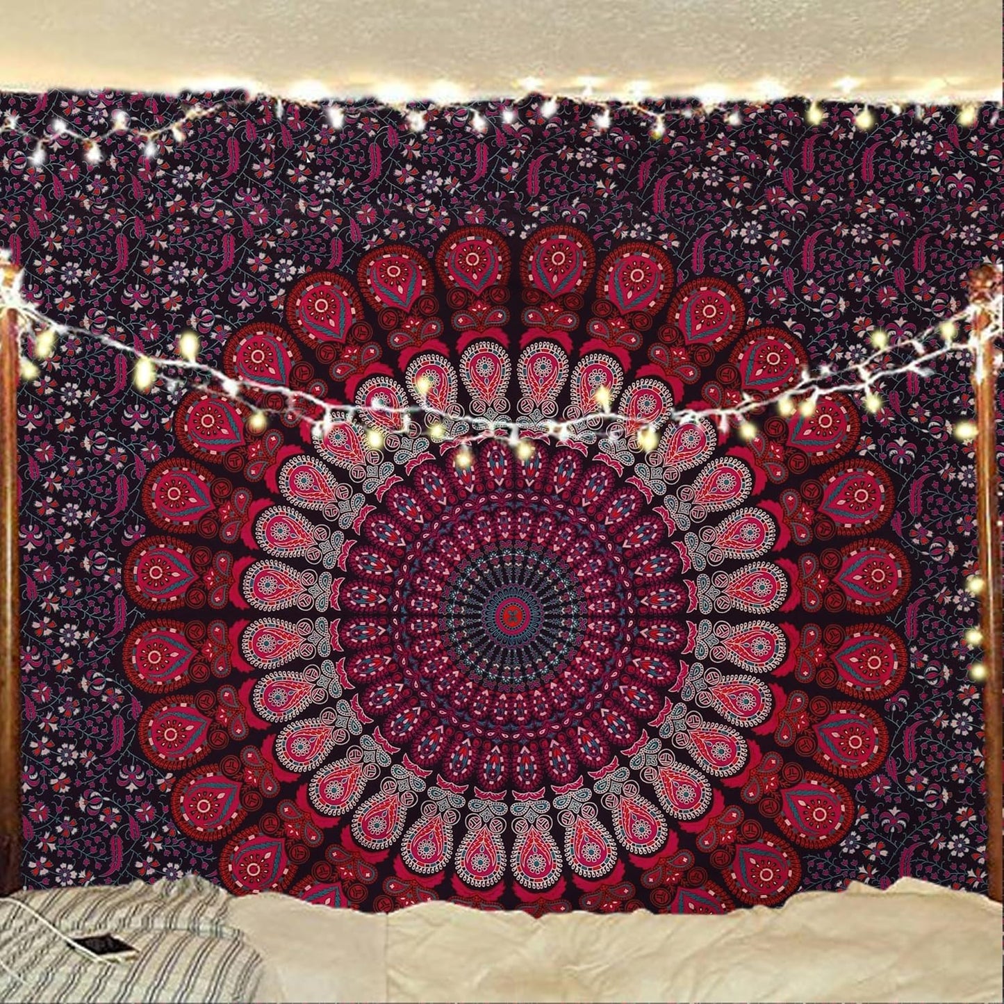 Bless International Handmade Indian hippie Bohemian Psychedelic Peacock Mandala Wall hanging College Dorm Beach Throws Table Cloth Bedding Tapestry (Purple Pink, Poster(30x40Inches)(76x101cms))