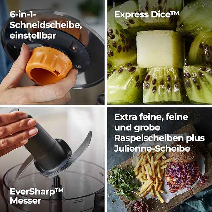 Kenwood MultiPro Food Processor KAH65.000PL Dough Attachment, 5 Cutting Discs with Adjustable Slicing Disc, ExpressDice System, Capacity 1.2 L, Accessory Bag, Silver