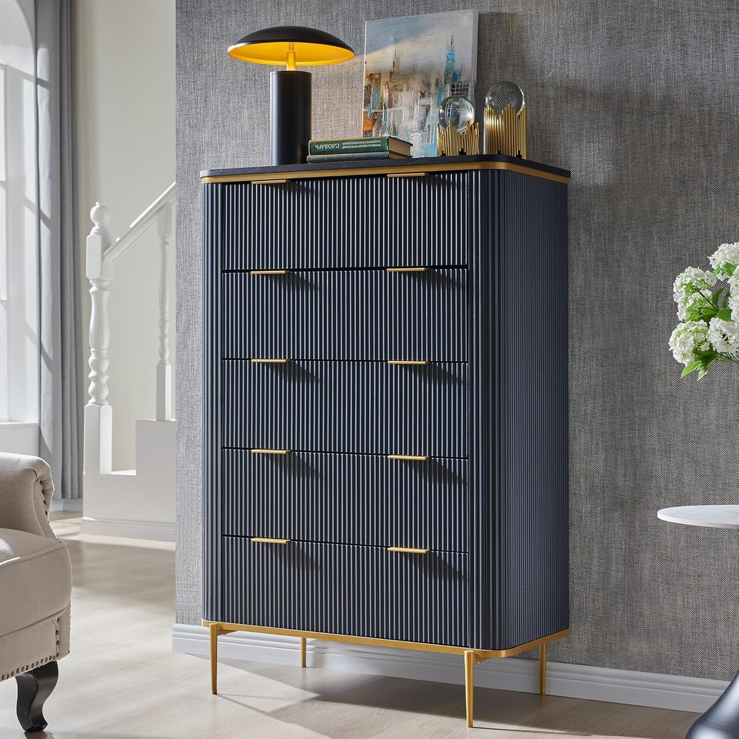 T4TREAM Fluted 5 Drawers Dresser for Bedroom, 48" Tall Modern Dresser Chest of Drawers, Gold Accents, Fluted Fronts, Wood Storage Dressers Organizer for Bedroom, Living Room, Dark Grey