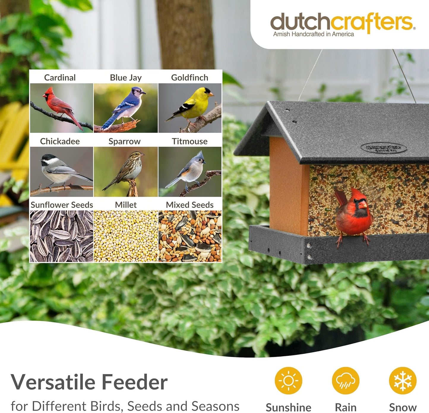 Poly Hanging Hopper Bird Feeder, Large Hanging Bird Feeder for Outside, Outdoors - Amish American Made (Black & Cedar)