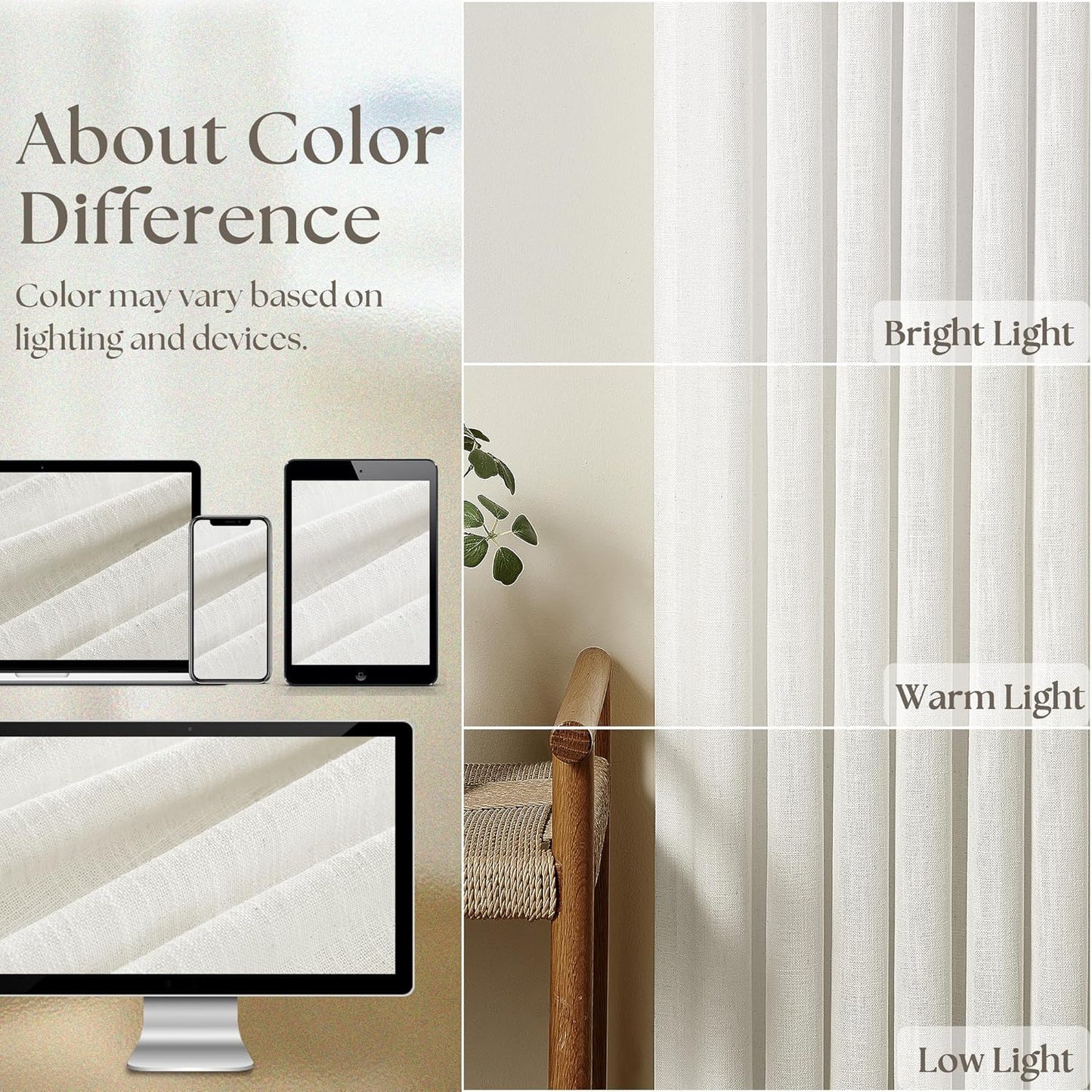 Beige White Linen Curtains Pinch Pleated 84 Inches Long for Living Room Bedroom Pleat with Rings Back Tab Semi Sheer Curtains 84 Inch Length 2 Panels Set Light Filtering Farmhouse Drapes