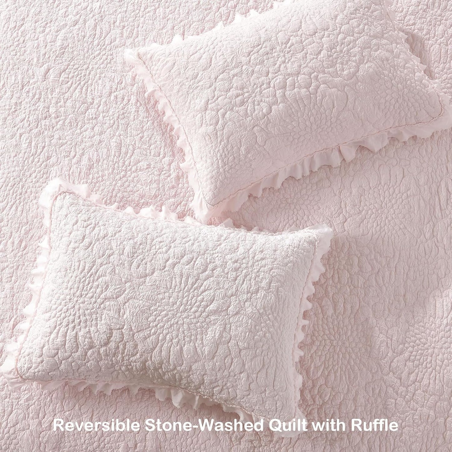 HORIMOTE HOME Pink Ruffled Quilt Twin Size, Stone-Washed Microfiber Lightweight Crinkled Farmhouse Rustic Shabby Chic Bedding Set, 2 Pieces Reversible Bedspread with Pillow Sham for All Season