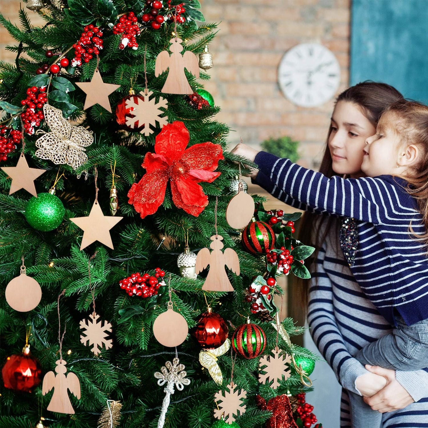 Blulu 60 Pieces Christmas Wooden Ornaments Round Wood Slices Snowflake Angel Shape with Cords for DIY Crafts New Year Christmas Tree Pendant Ornaments