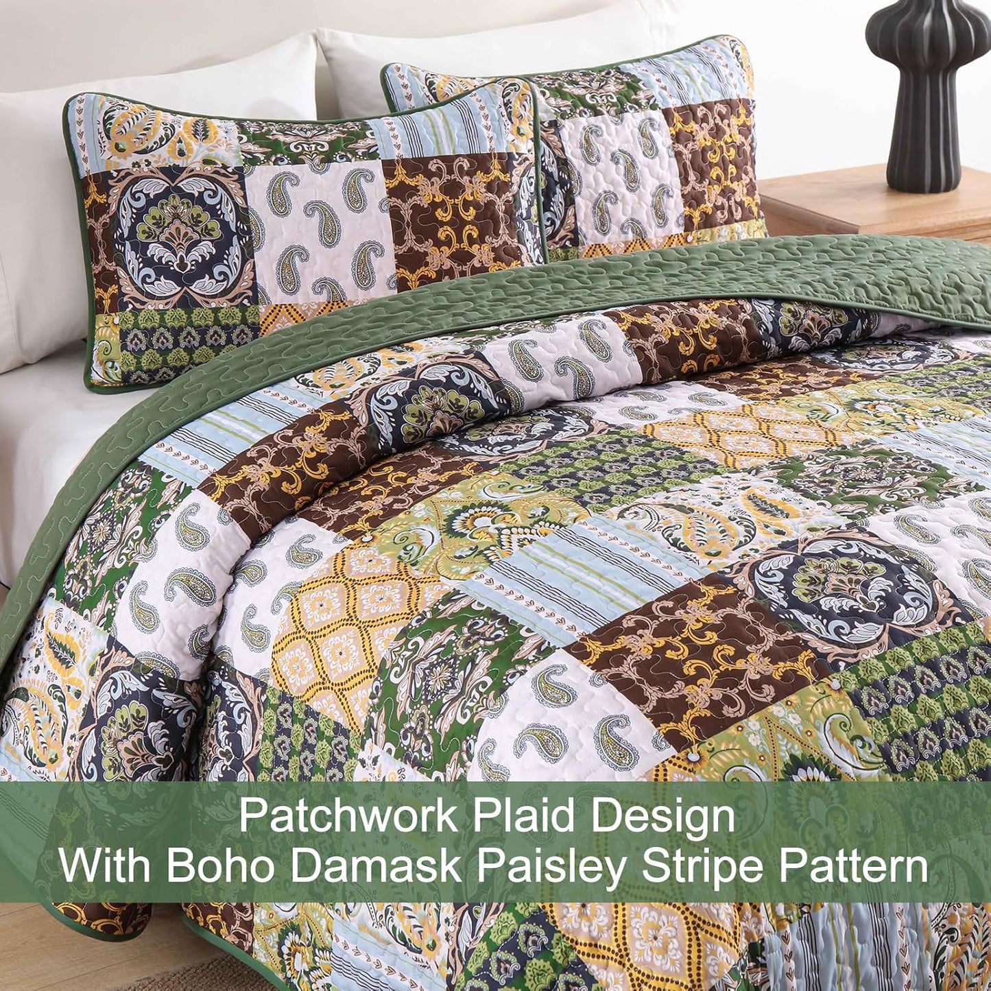 WONGS BEDDING Boho Quilt Set King Size, Plaid Patchwork Bedspread Bedding Set Soft Microfiber Quilt for King Bed Reversible 3 Pieces Coverlet Set for All Season (Brown Olive 104"x90")