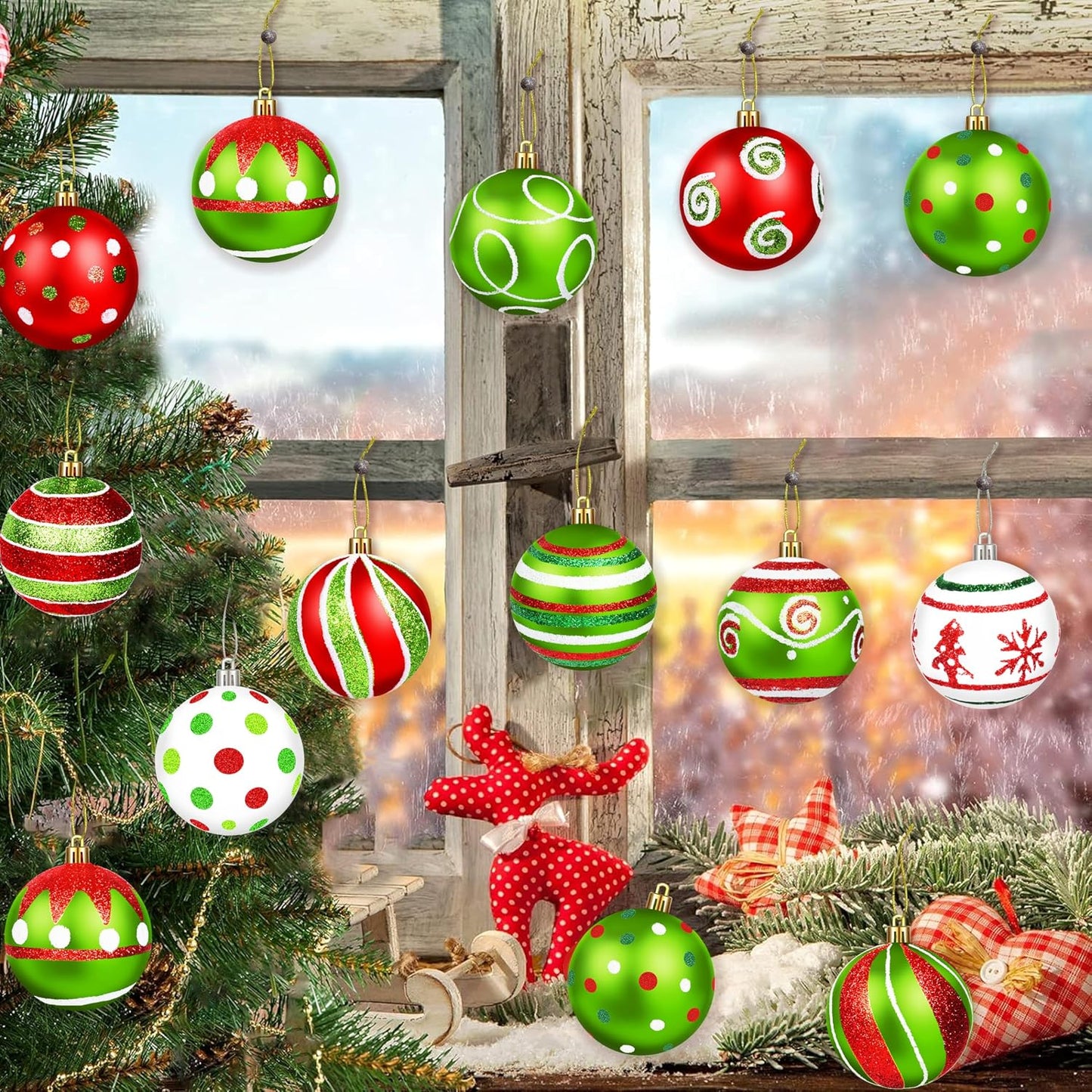 24Pcs Christmas Ball Ornaments Red Green White Shatterproof Christmas Tree Decorations 2.4 Inch Glittering Swirl Candy Hanging Ornaments for Xmas Tree Holiday Party Decor (Colorful)